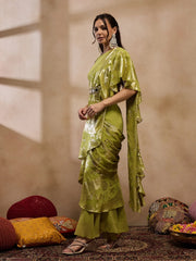 Pre-Draped Sarree With Blouse In Olive Color