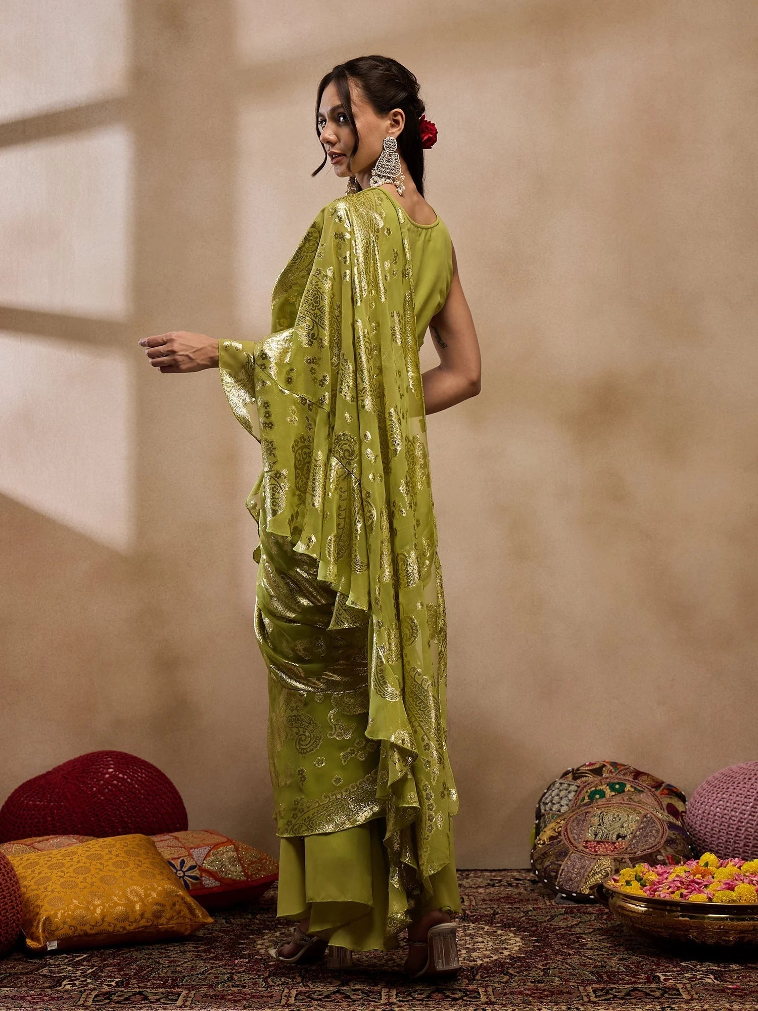 Olive Pre-Draped Indian Saree with Blouse | Designer Sarees