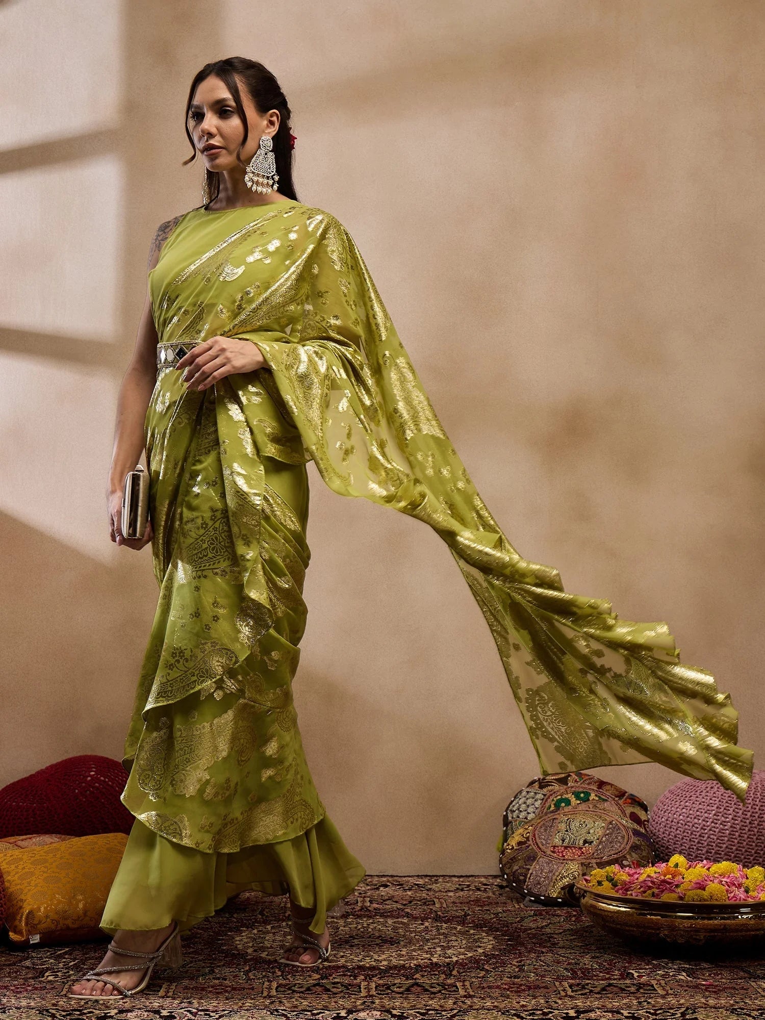 Olive Pre-Draped Indian Saree with Blouse | Designer Sarees