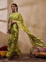 Pre-Draped Sarree With Blouse In Olive Color