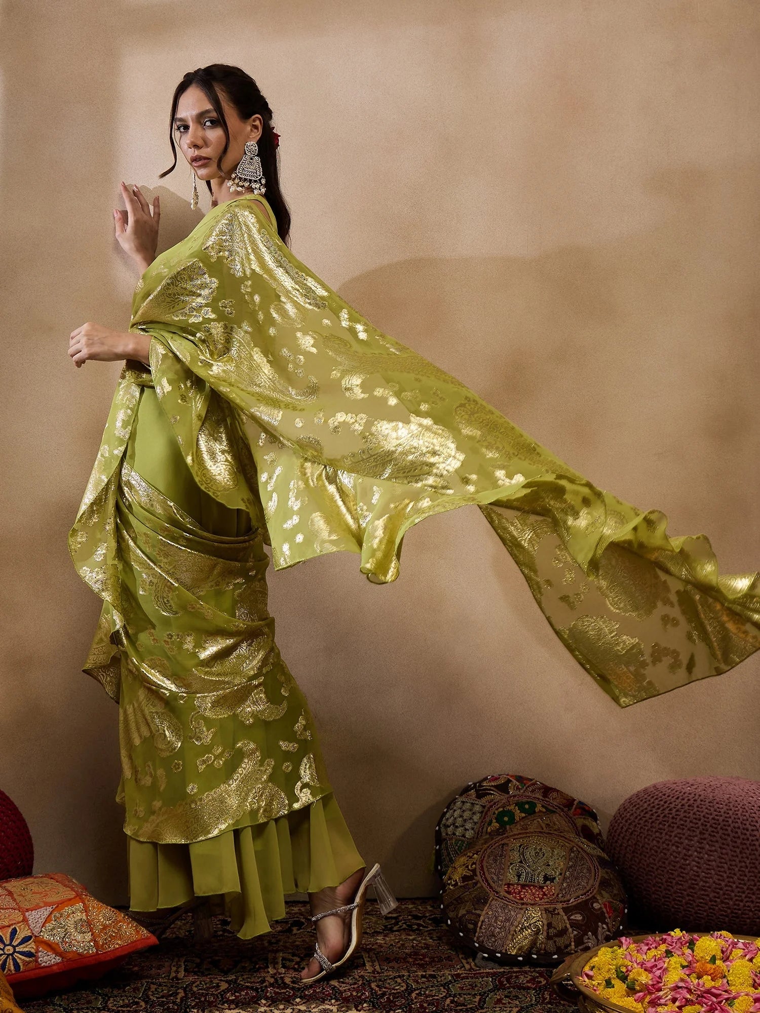 Olive Pre-Draped Indian Saree with Blouse | Designer Sarees