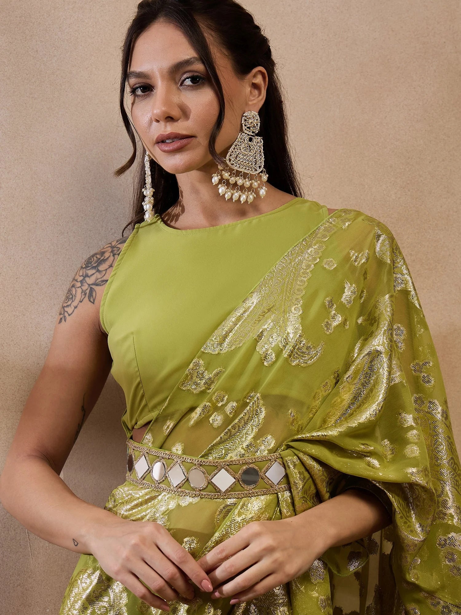 Olive Pre-Draped Indian Saree with Blouse | Designer Sarees