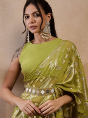 Pre-Draped Sarree With Blouse In Olive Color