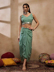 Crop Top With Draped Skirt And Cape In Sea Green Color