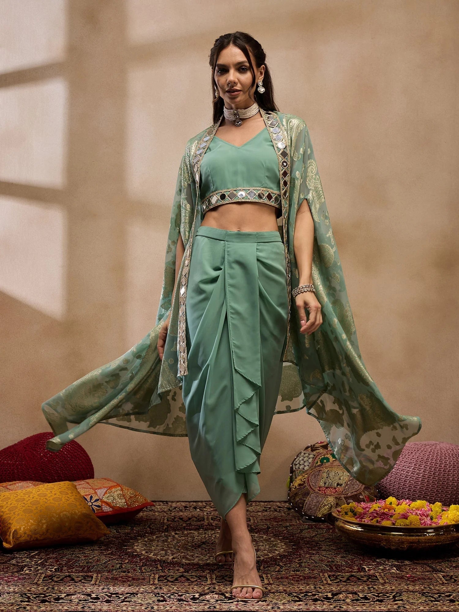 Sea Green Draped Skirt Set - Women's Lehenga Choli Collection