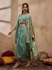 Crop Top With Draped Skirt And Cape In Sea Green Color