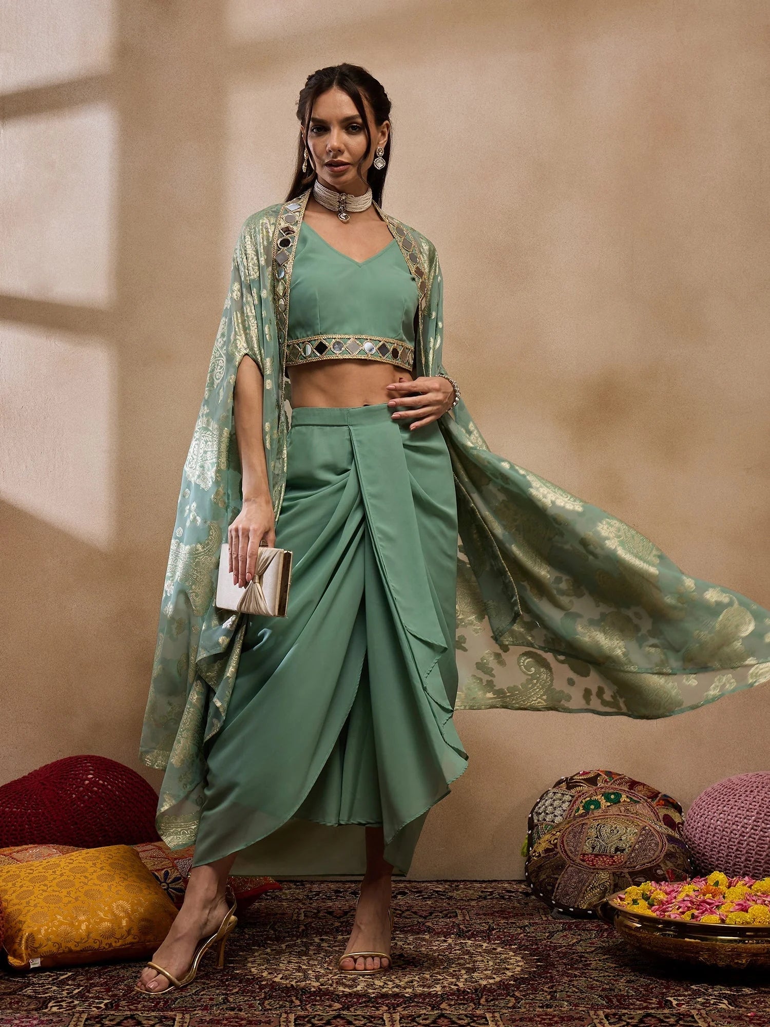 Sea Green Draped Skirt Set - Women's Lehenga Choli Collection