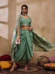 Crop Top With Draped Skirt And Cape In Sea Green Color
