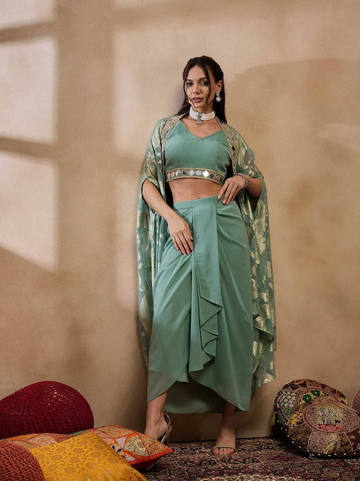 Crop Top With Draped Skirt And Cape In Sea Green Color