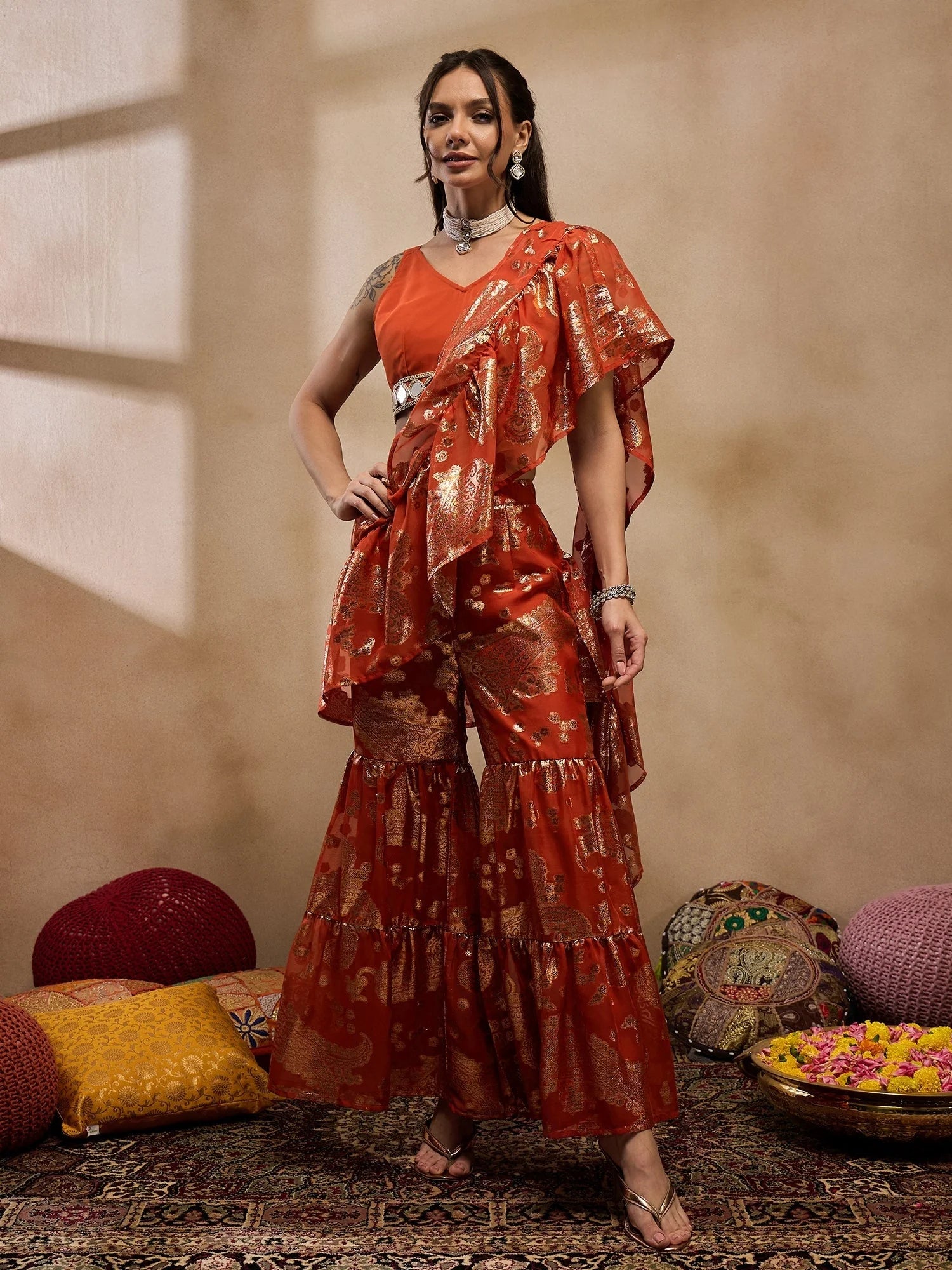 Rust Crop Top Sharara Suit: Designer Sharara Set for Women