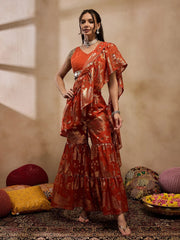 Crop Top With Sharara And Frill Dupatta In Rust Color