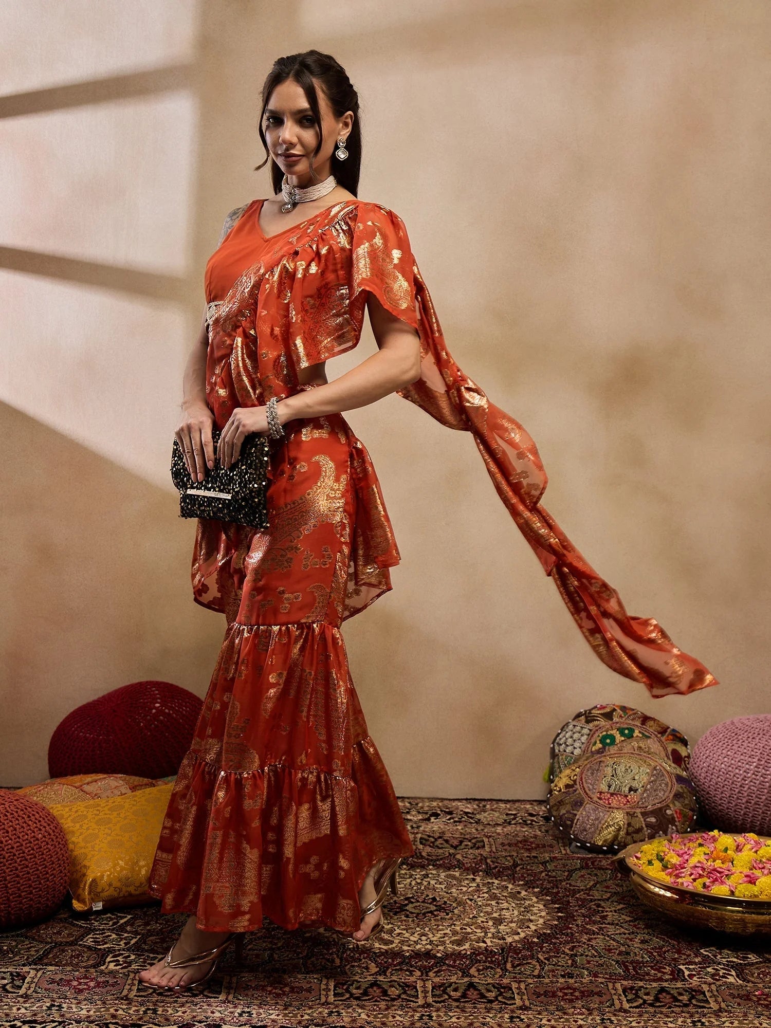 Rust Crop Top Sharara Suit: Designer Sharara Set for Women