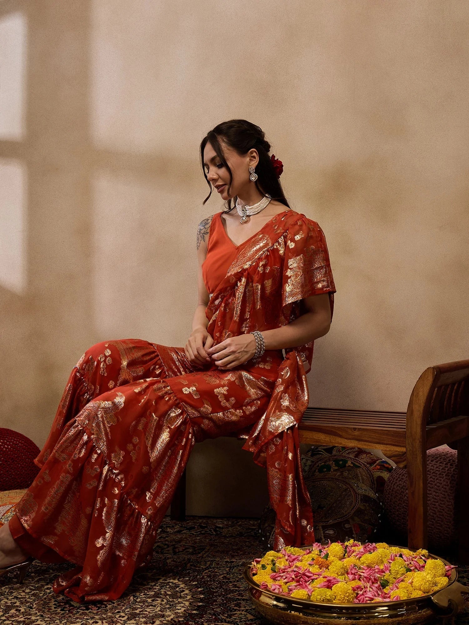 Rust Crop Top Sharara Suit: Designer Sharara Set for Women