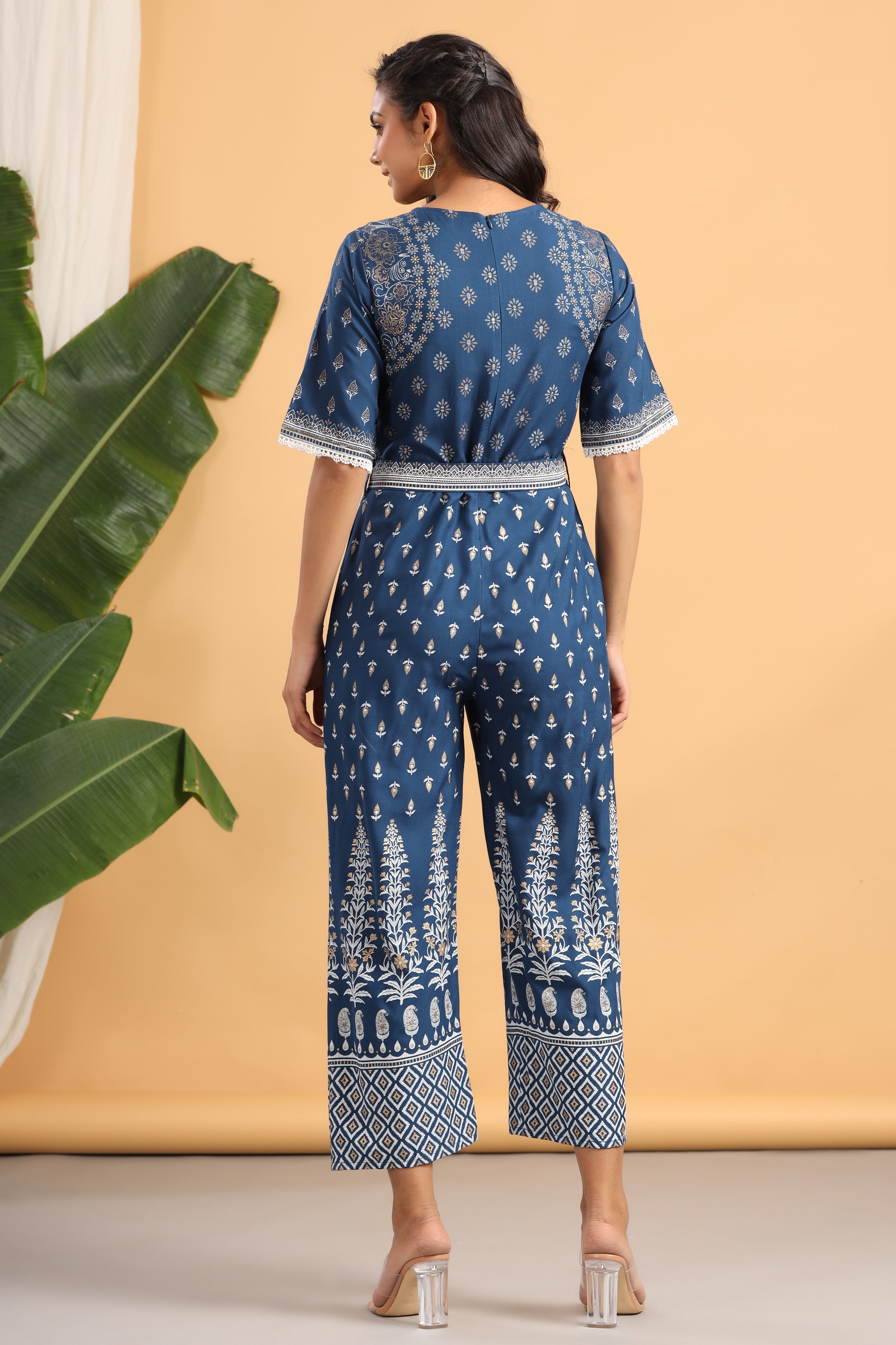 Indigo LIVA Rayon Printed Ethnic Jumpsuit with Belt | DesiQlo