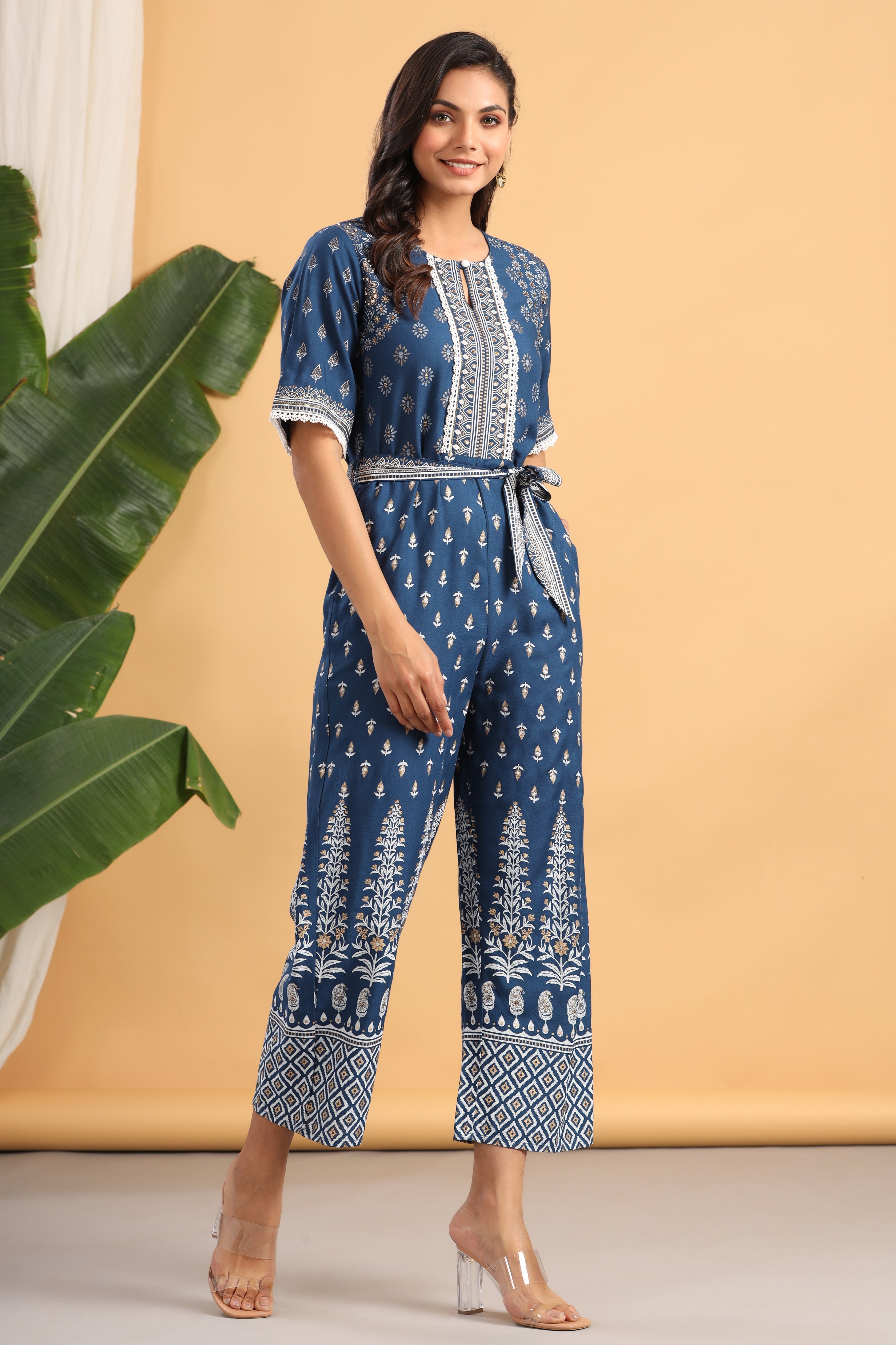 Indigo LIVA Rayon Printed Ethnic Jumpsuit with Belt | DesiQlo