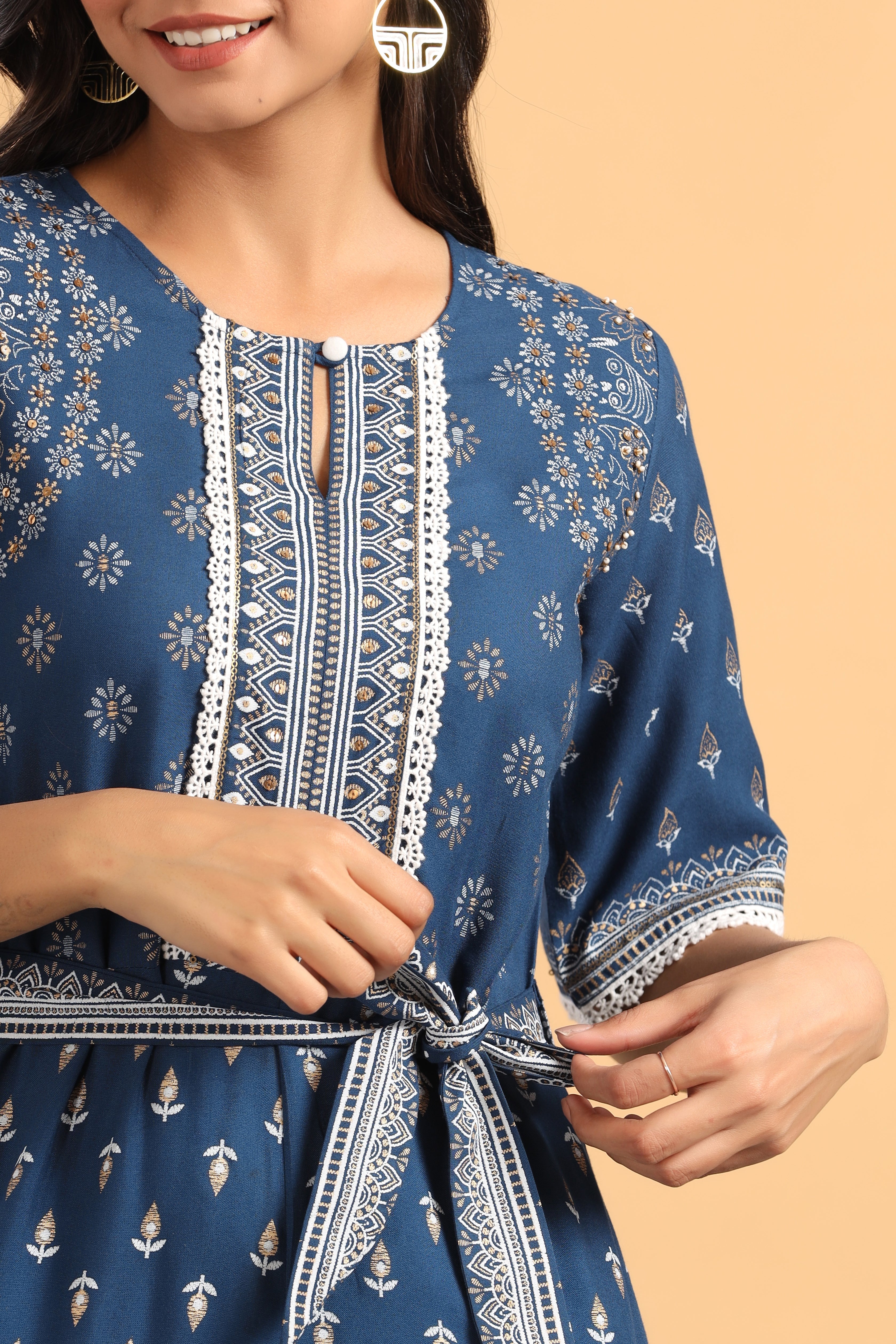 Indigo LIVA Rayon Printed Ethnic Jumpsuit with Belt | DesiQlo
