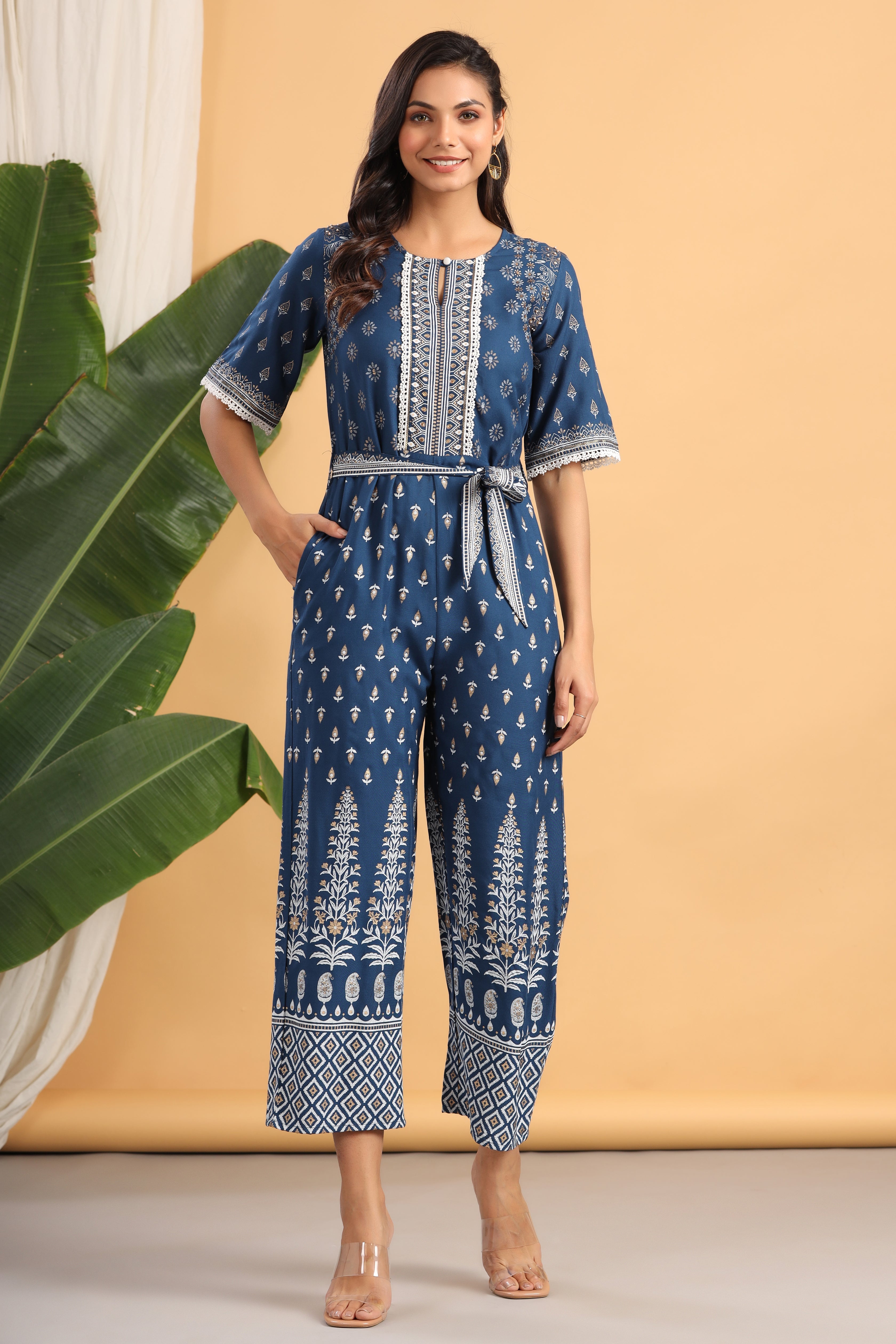 Indigo LIVA Rayon Printed Ethnic Jumpsuit with Belt | DesiQlo