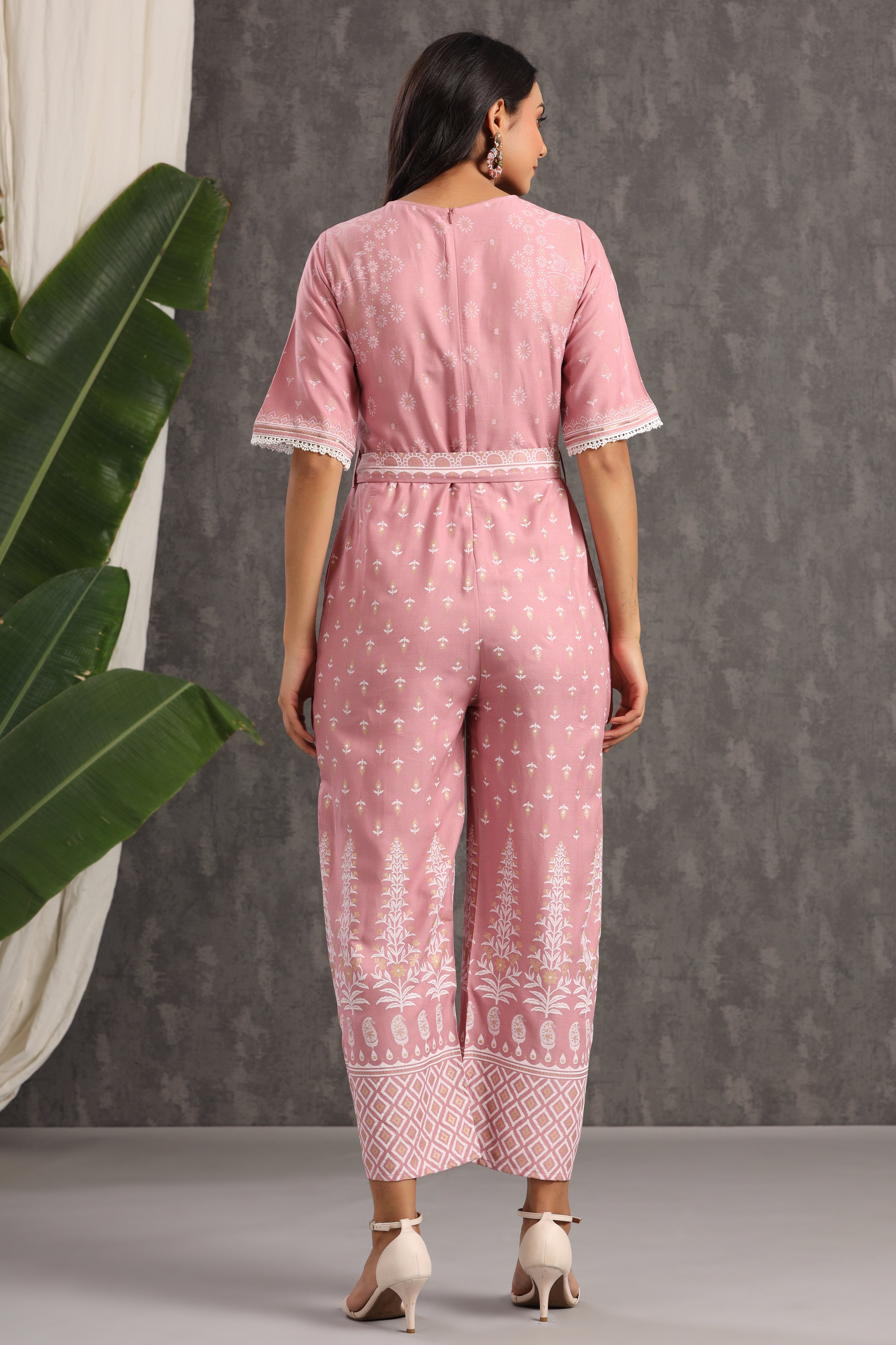 Onionpink Rayon Printed Ethnic Jumpsuit with Belt | DesiQlo
