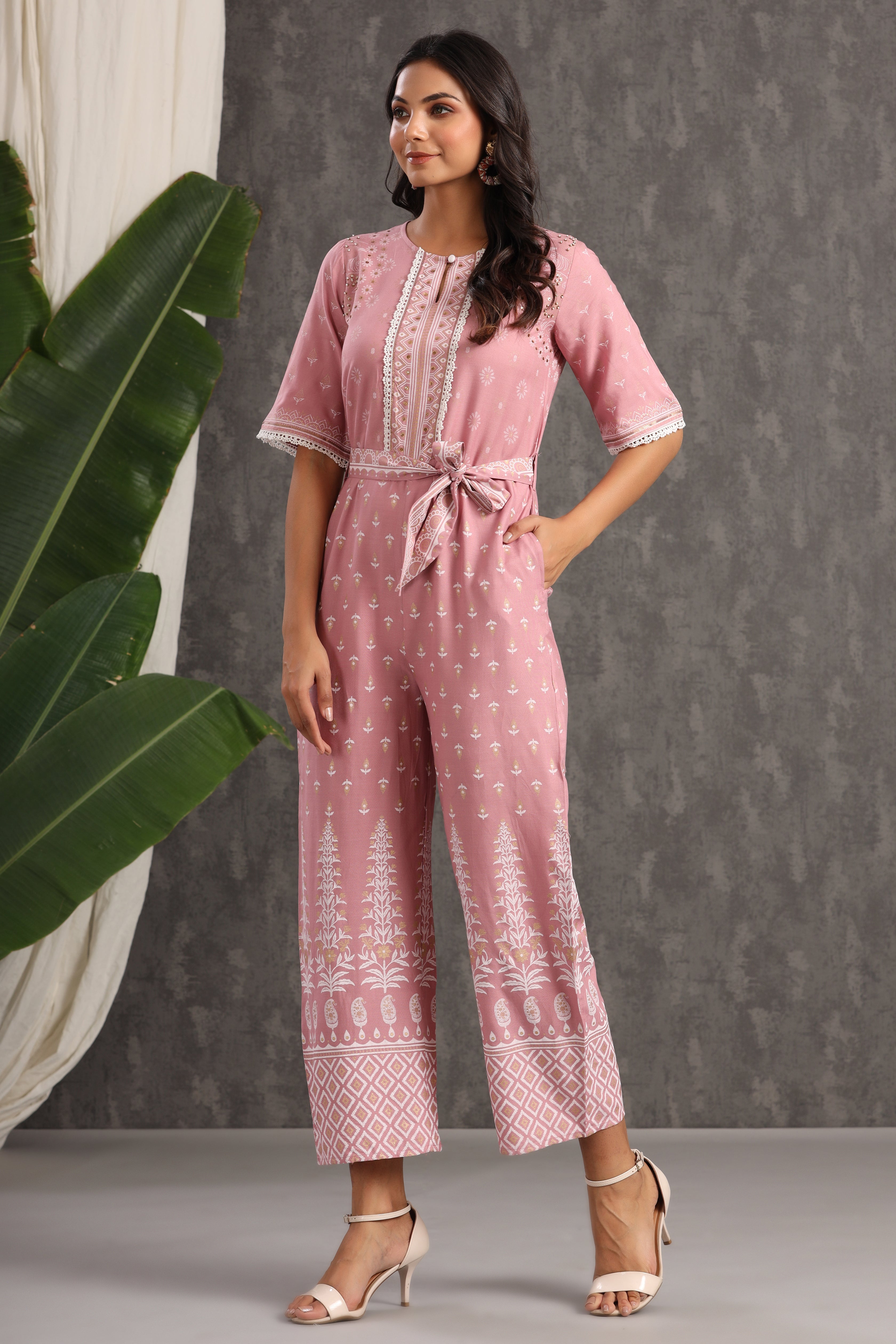 Onionpink Rayon Printed Ethnic Jumpsuit with Belt | DesiQlo