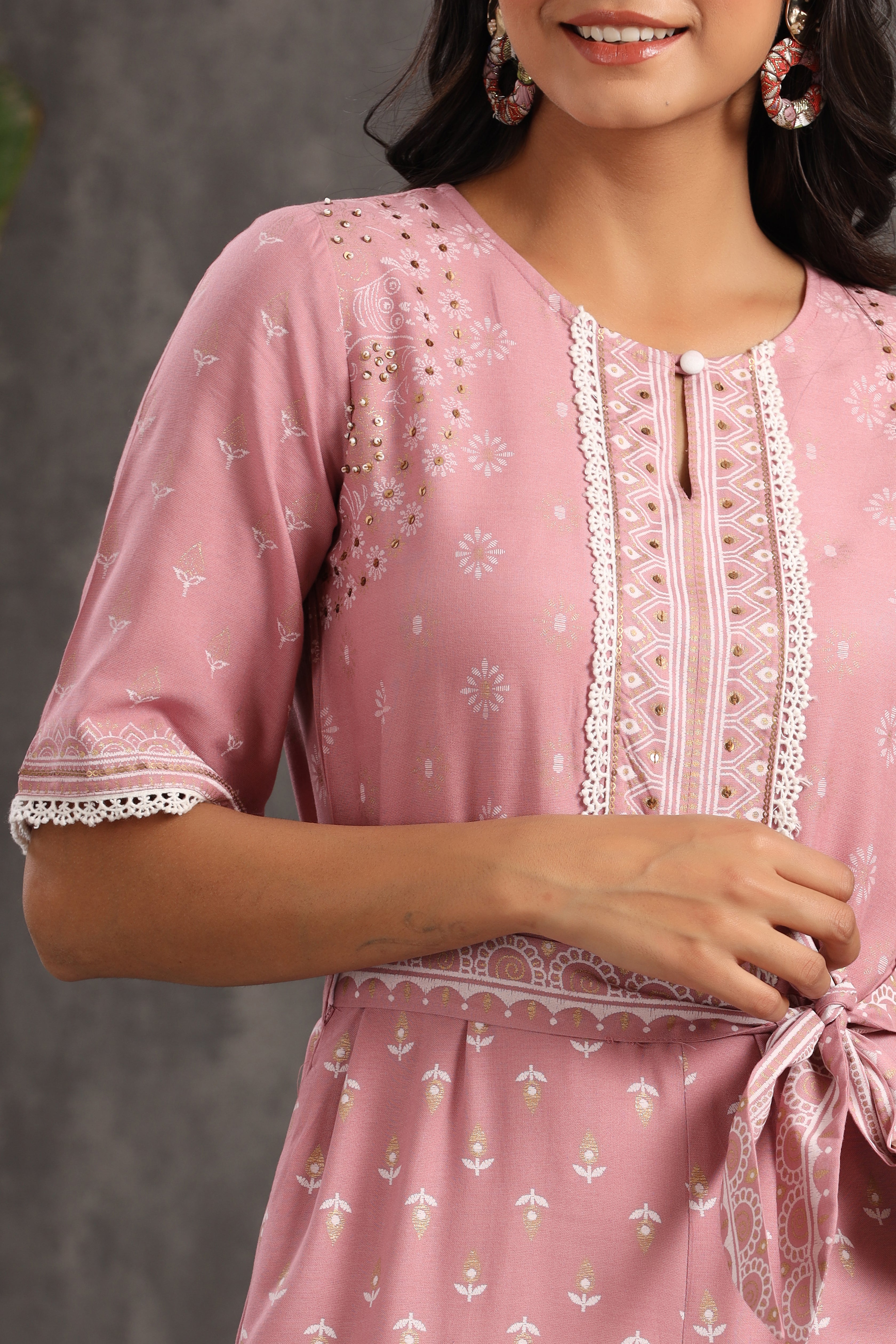 Onionpink Rayon Printed Ethnic Jumpsuit with Belt | DesiQlo