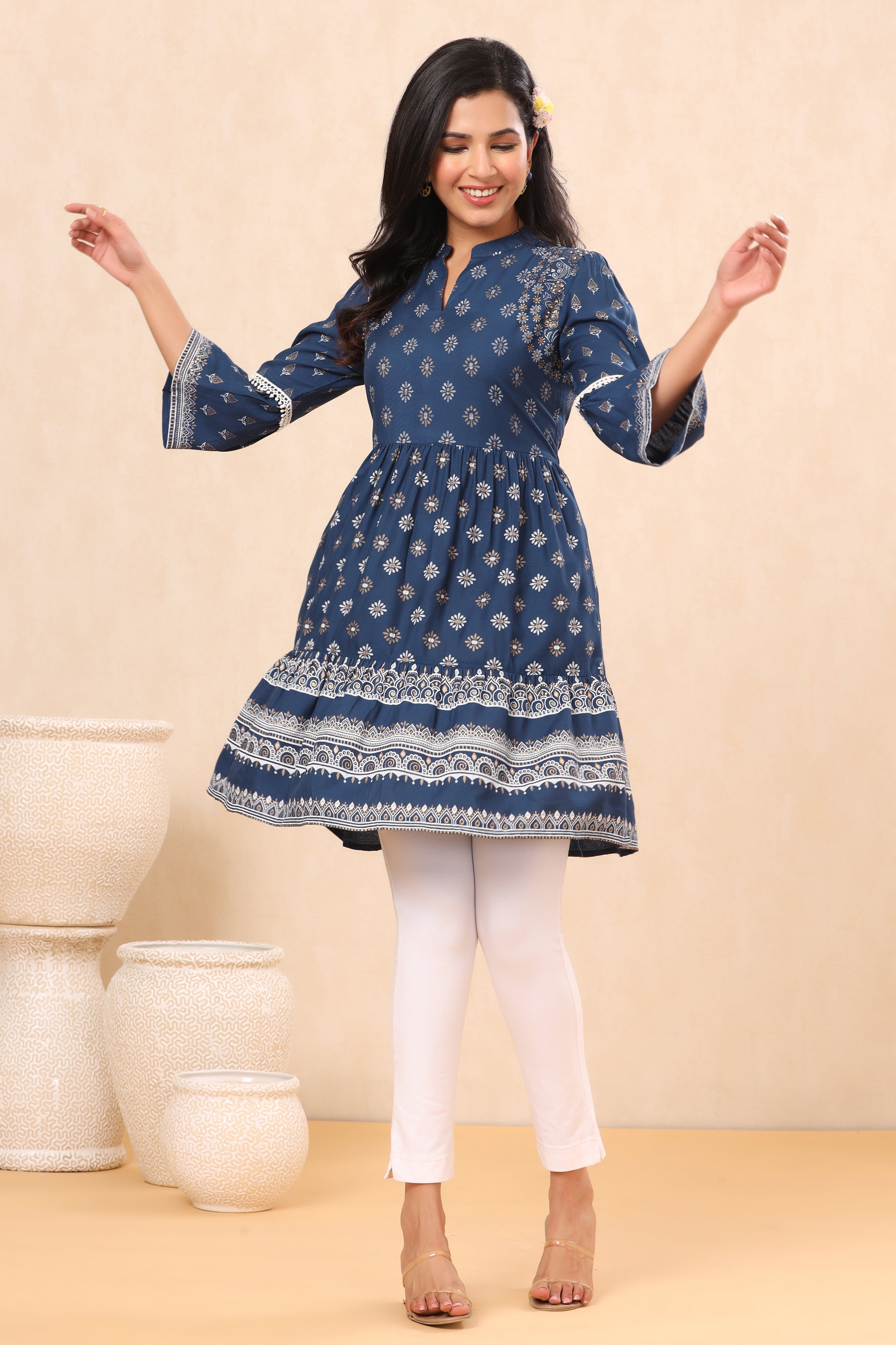 Indigo Ethnic Motif Printed Rayon Lacy Tunic with Beads & Sequins Work