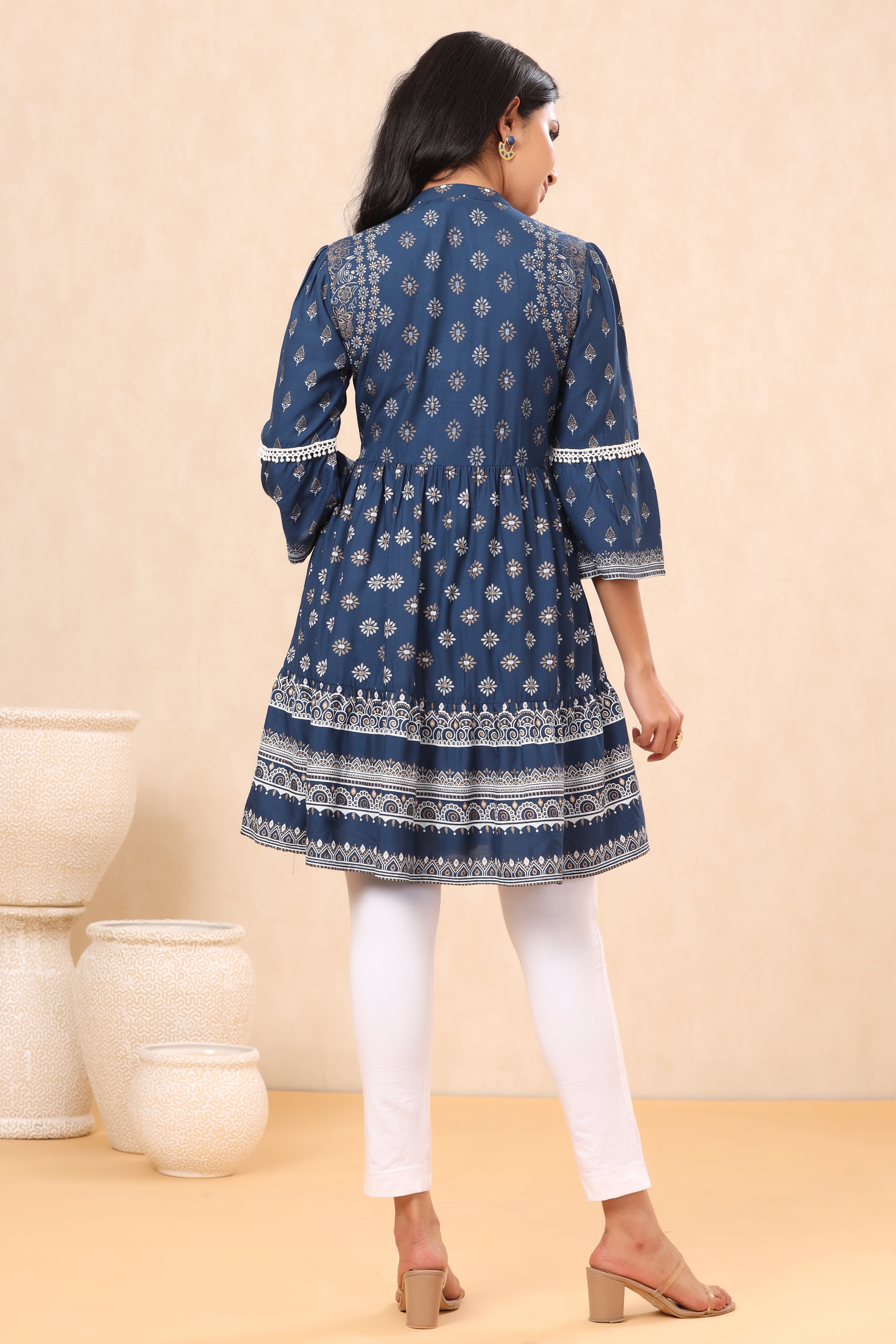Indigo Ethnic Motif Printed Rayon Lacy Tunic with Beads & Sequins Work