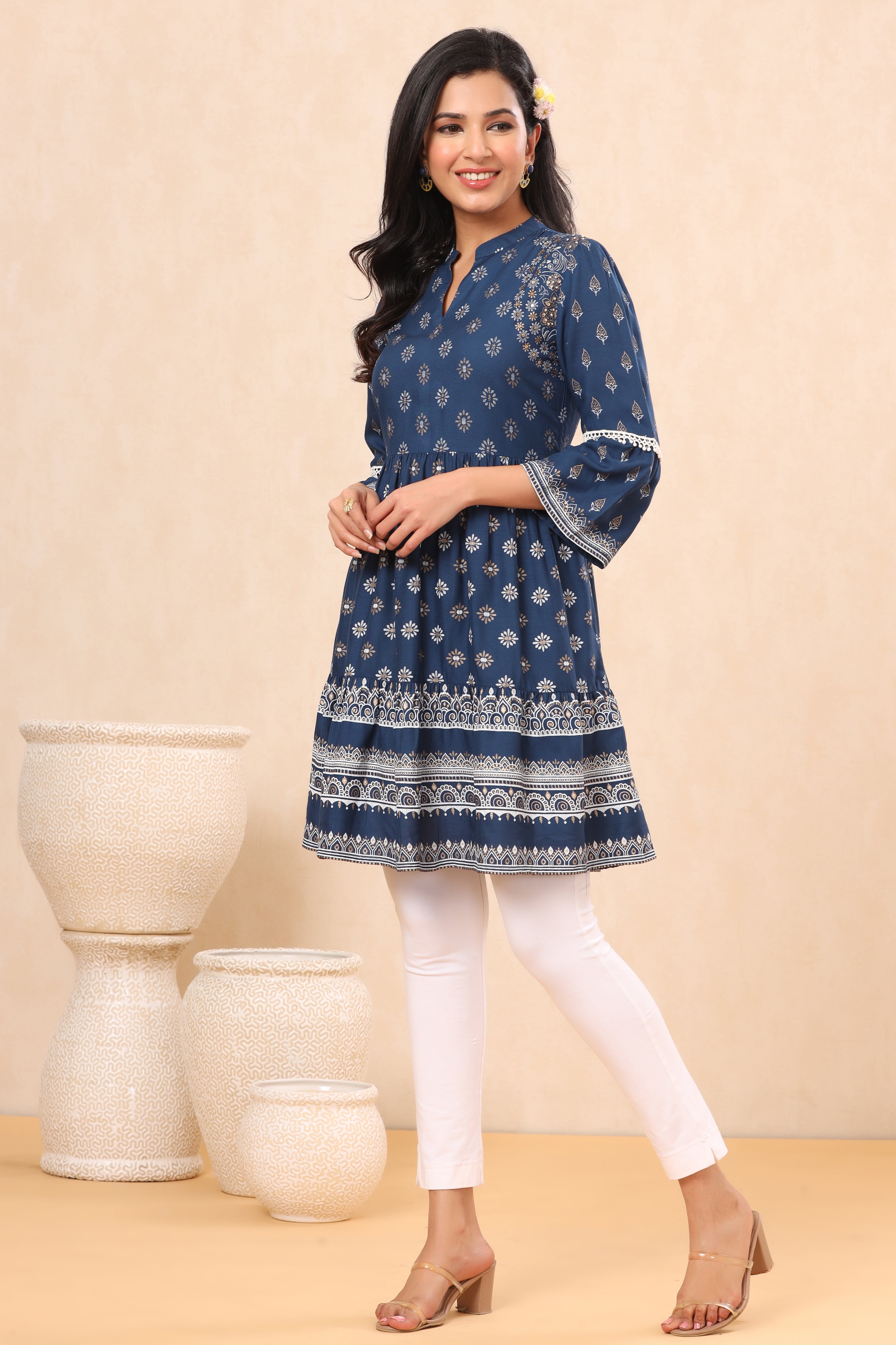 Indigo Ethnic Motif Printed Rayon Lacy Tunic with Beads & Sequins Work