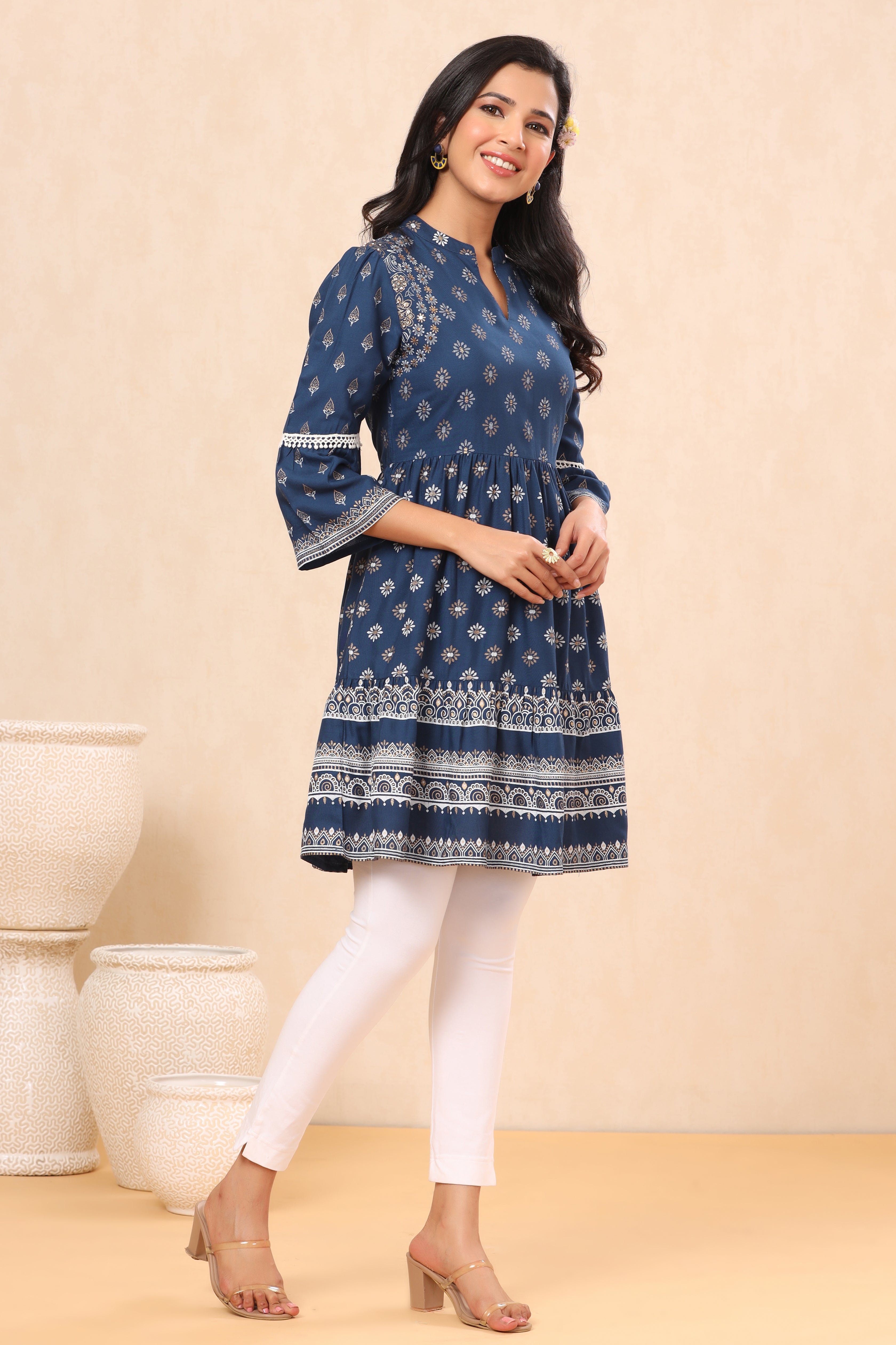 Indigo Ethnic Motif Printed Rayon Lacy Tunic with Beads & Sequins Work