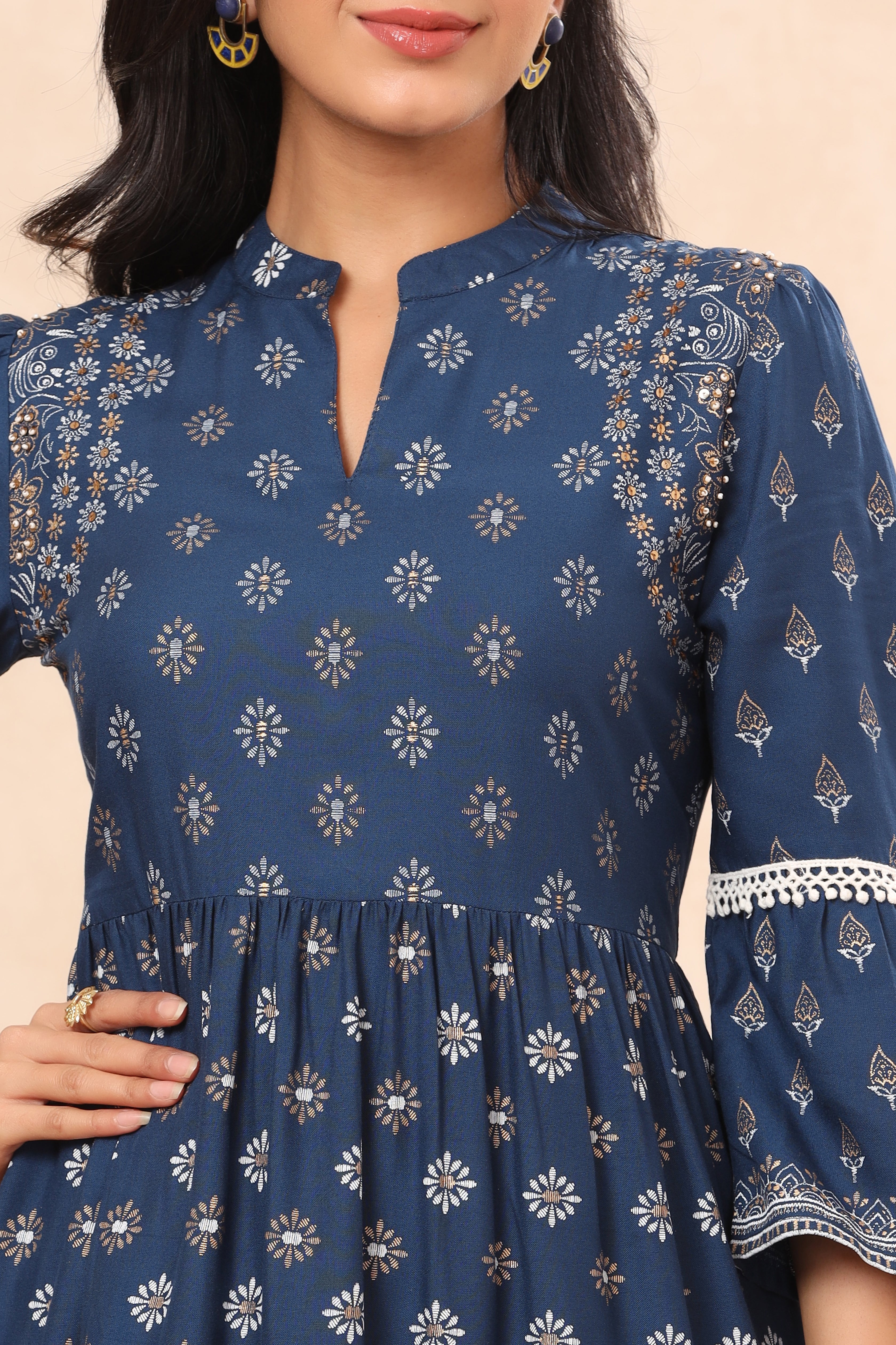 Indigo Ethnic Motif Printed Rayon Lacy Tunic with Beads & Sequins Work