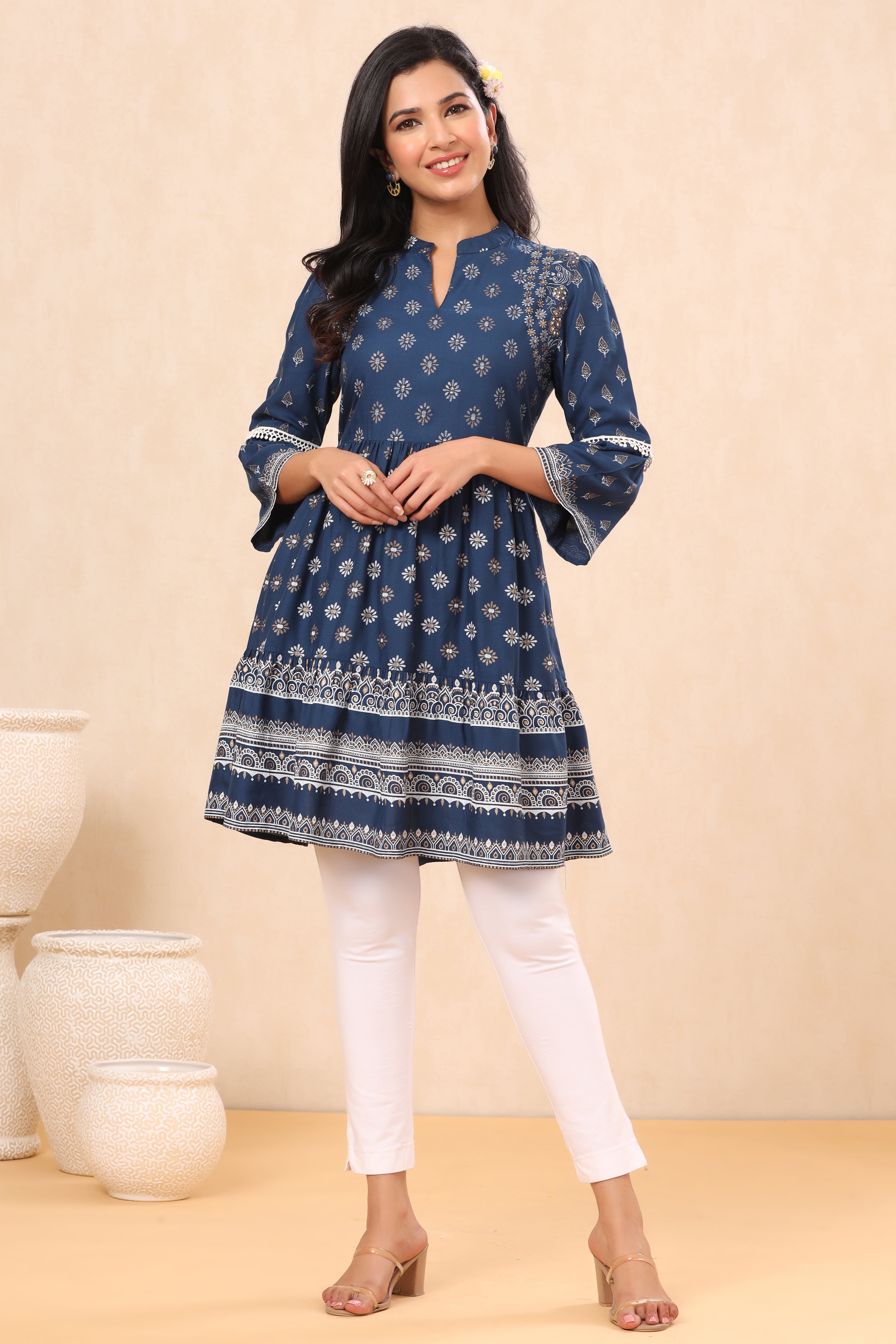 Indigo Ethnic Motif Printed Rayon Lacy Tunic with Beads & Sequins Work