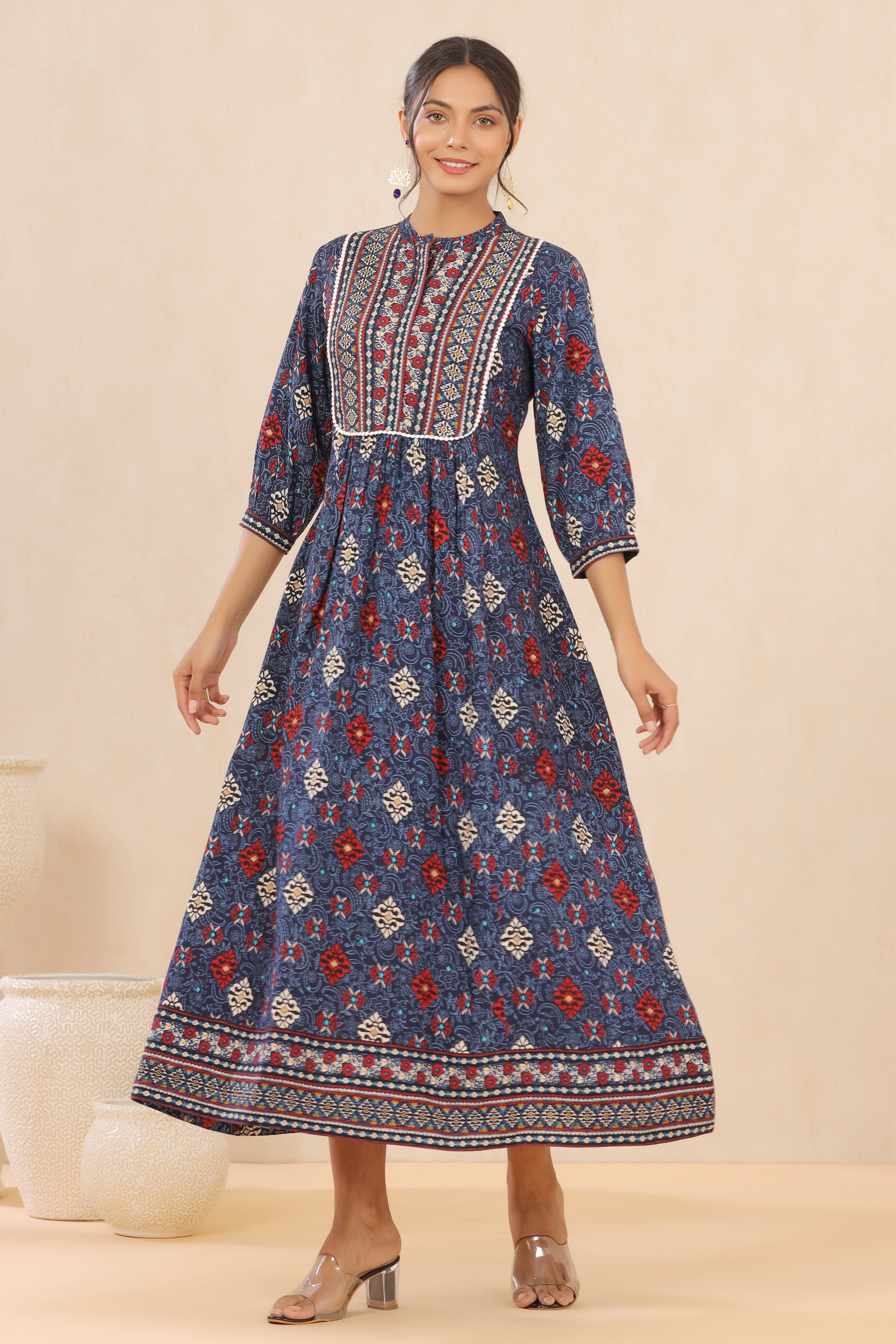 Indigo Floral Printed Rayon Maxi dress with Lace Work | DesiQlo