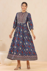 Juniper Indigo Floral Printed Rayon Maxi dress with Lace Work