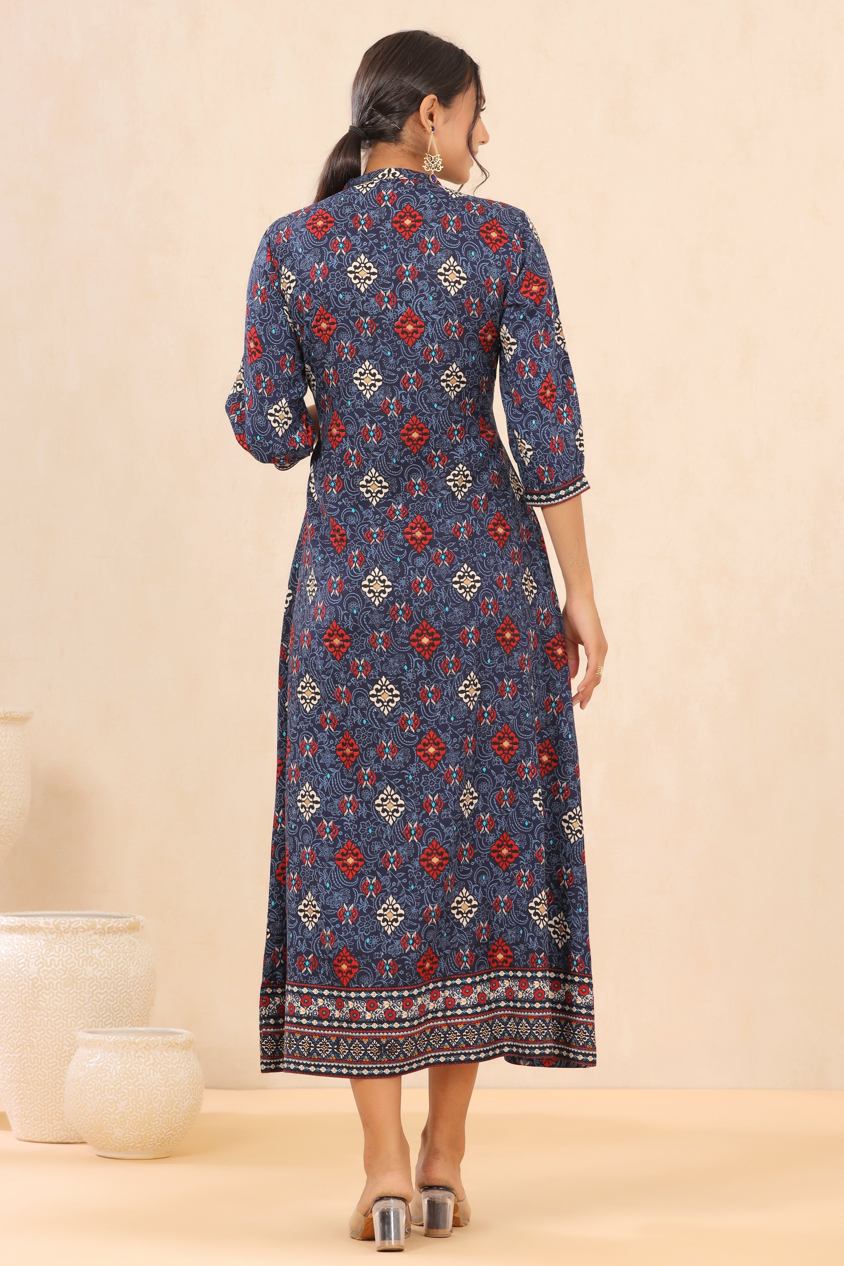 Indigo Floral Printed Rayon Maxi dress with Lace Work | DesiQlo