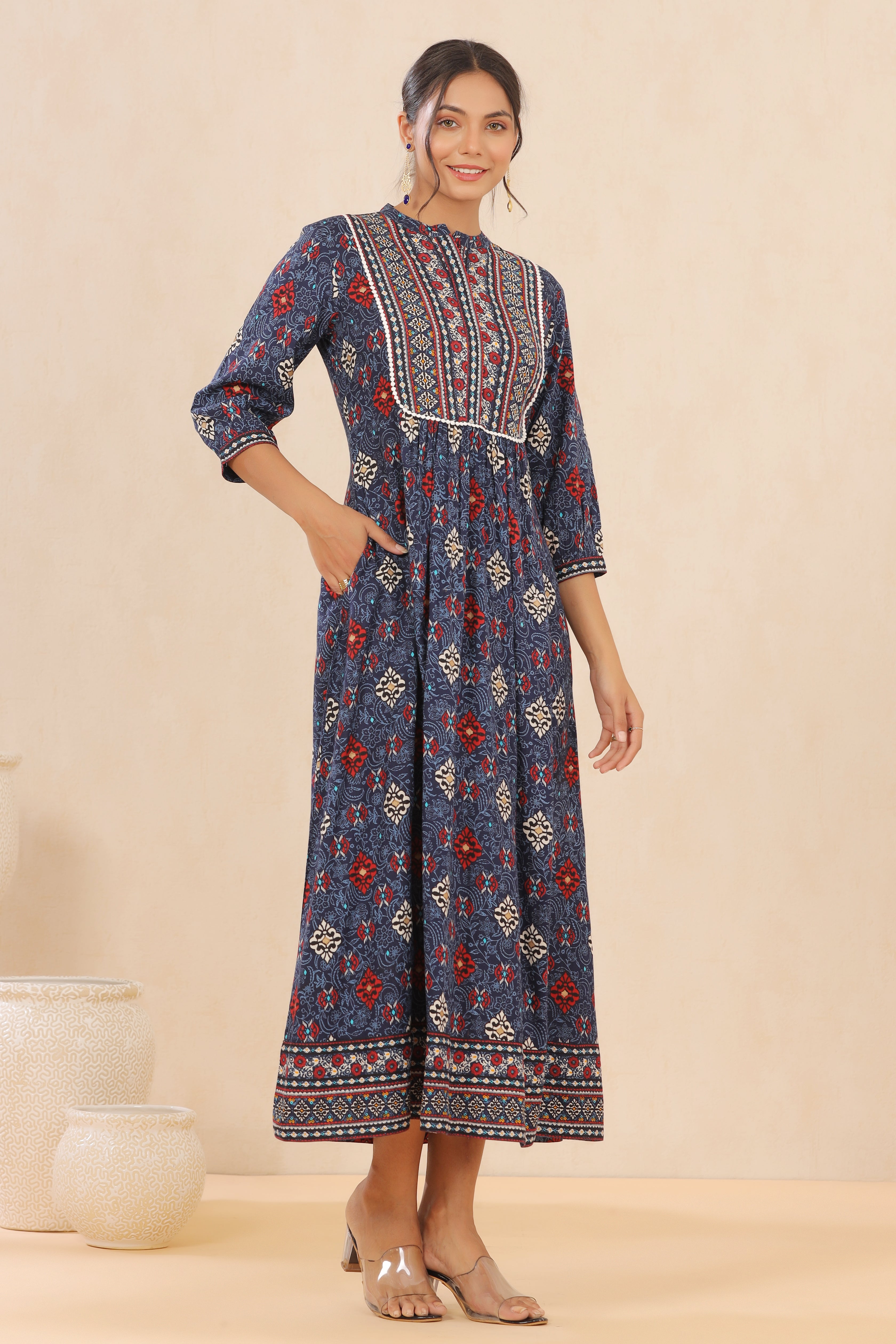 Indigo Floral Printed Rayon Maxi dress with Lace Work | DesiQlo