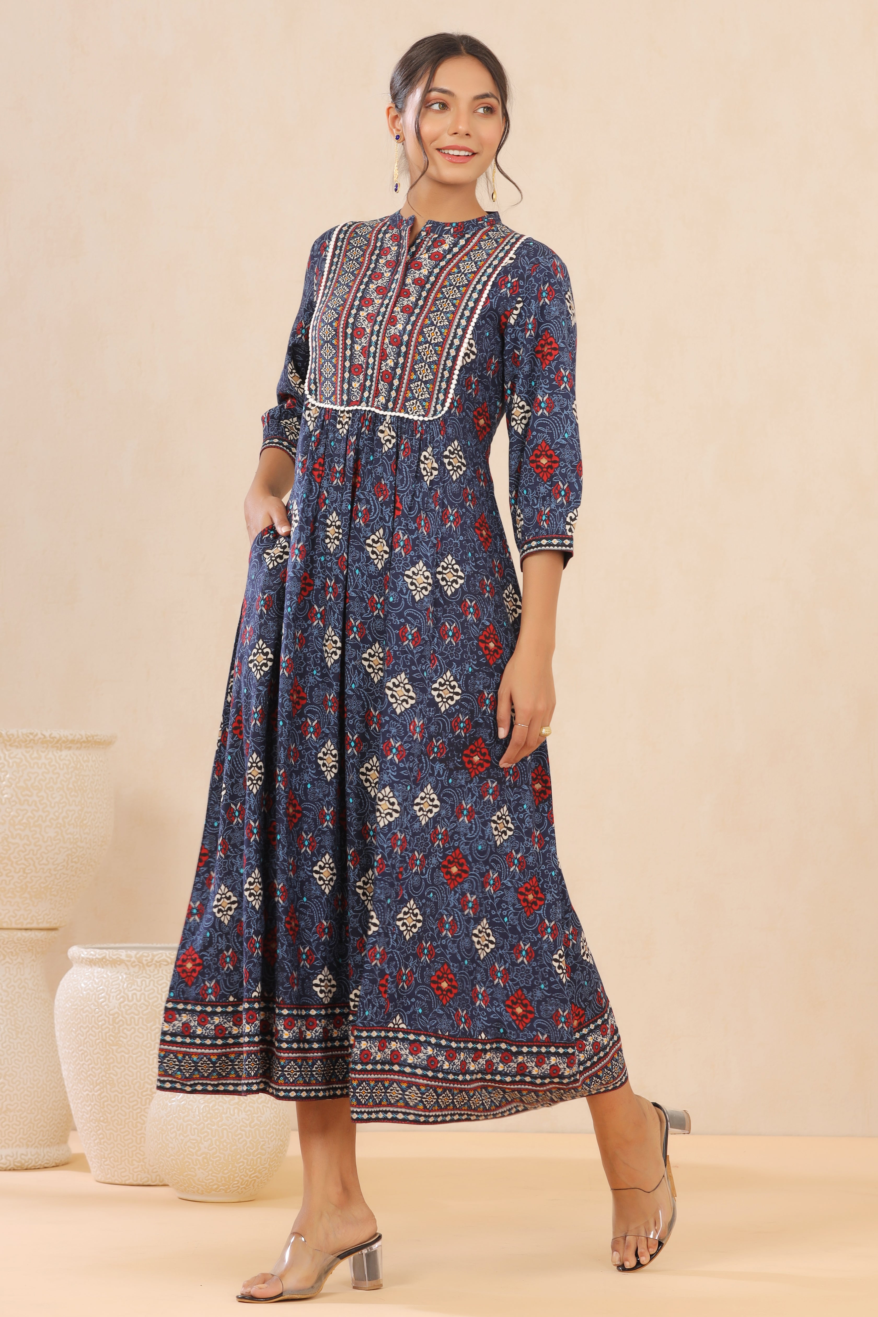 Indigo Floral Printed Rayon Maxi dress with Lace Work | DesiQlo