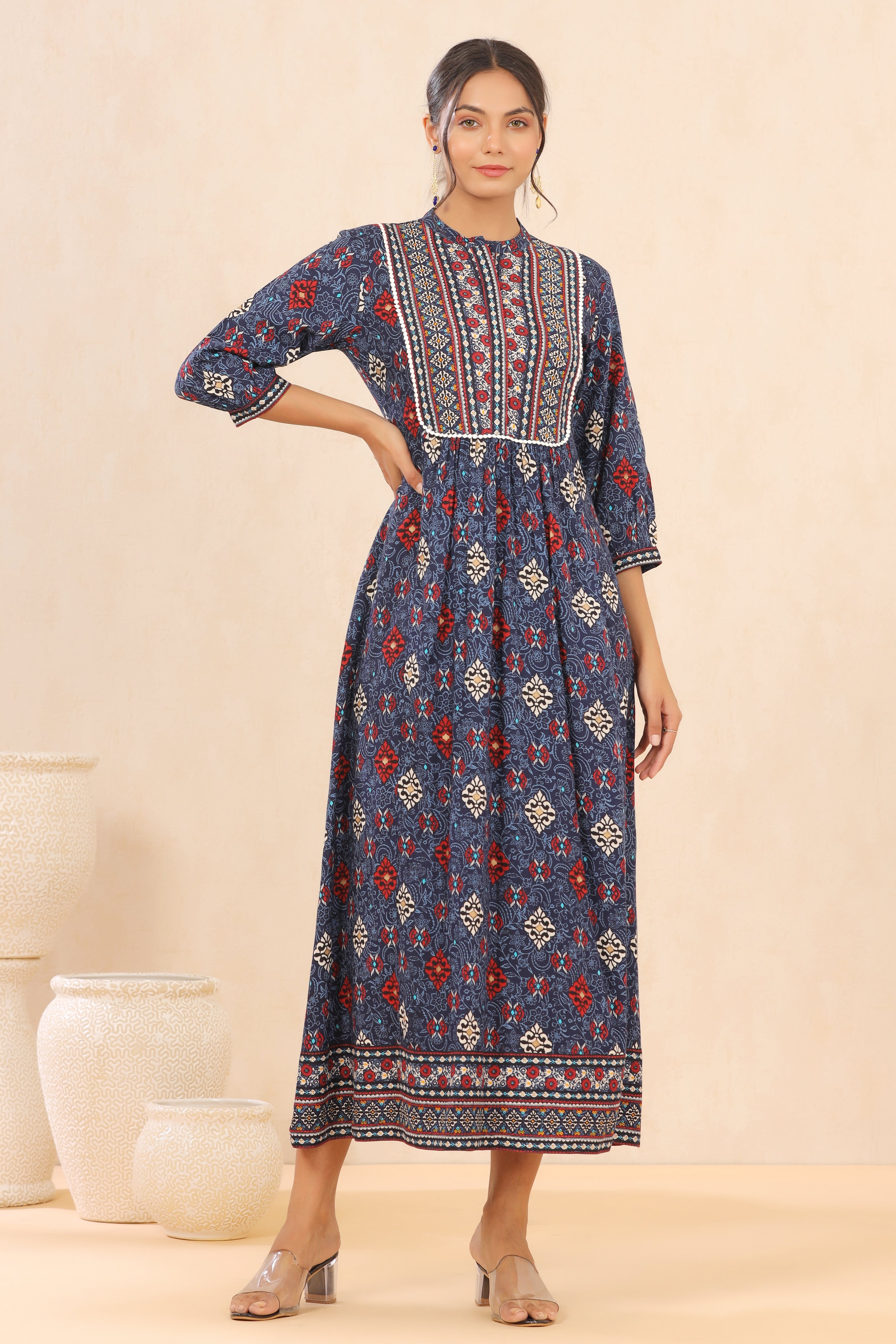 Indigo Floral Printed Rayon Maxi dress with Lace Work | DesiQlo
