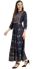 Indigo Floral Printed Rayon Maxi dress with Lace Work-2907INDIGO