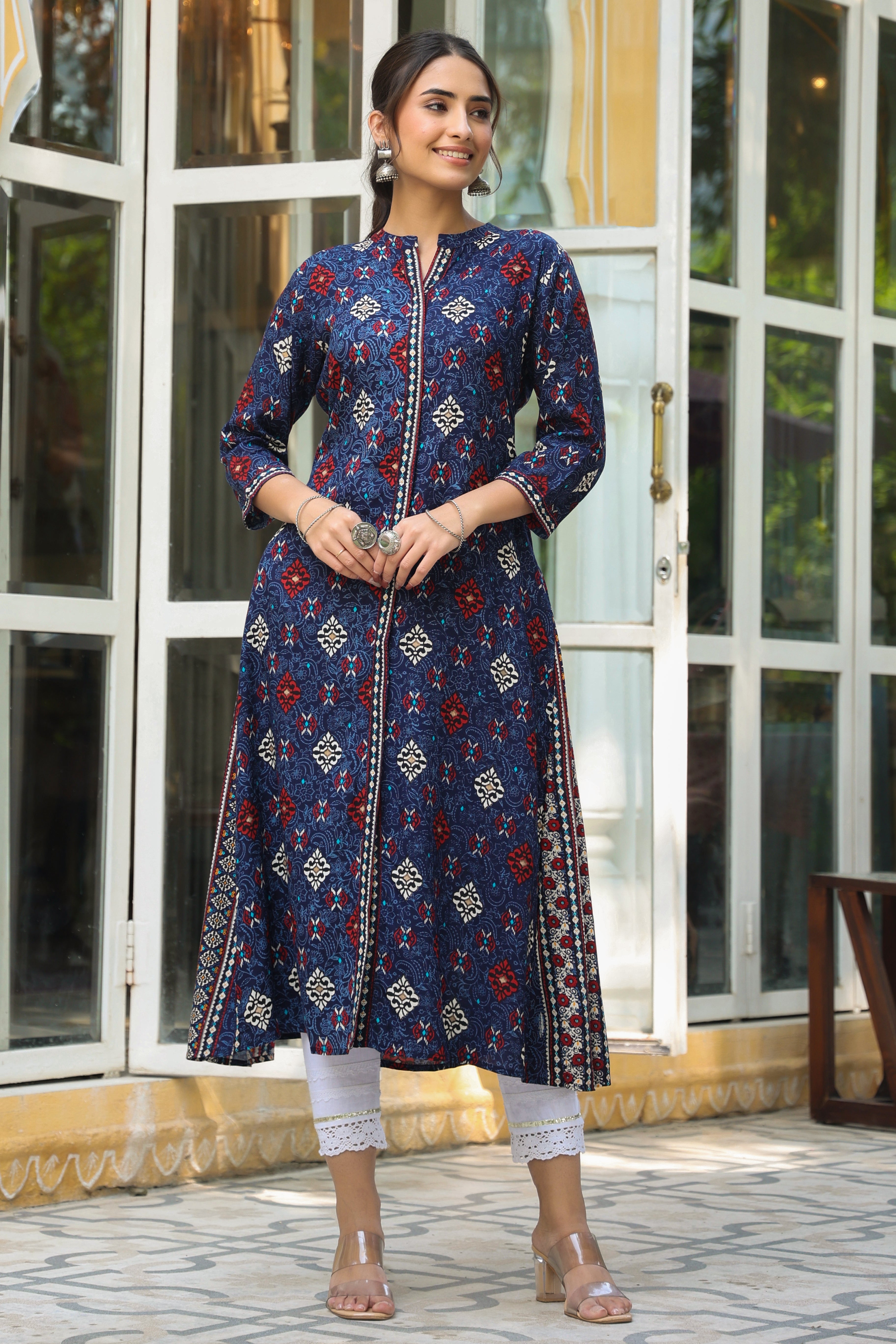 Indigo Ethnic Motif Printed Rayon A-Line Kurta With Buttons | DesiQlo