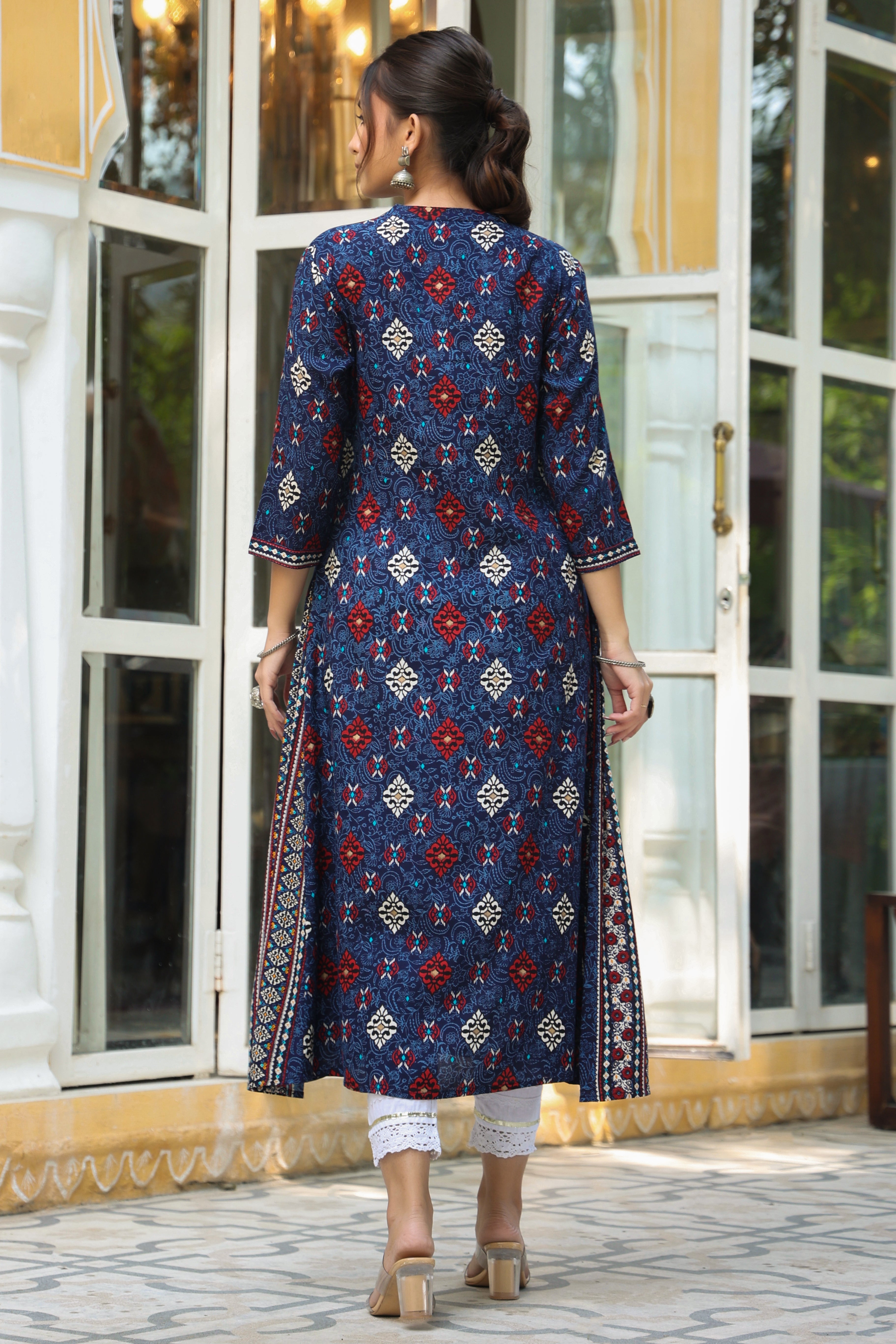 Indigo Ethnic Motif Printed Rayon A-Line Kurta With Buttons | DesiQlo