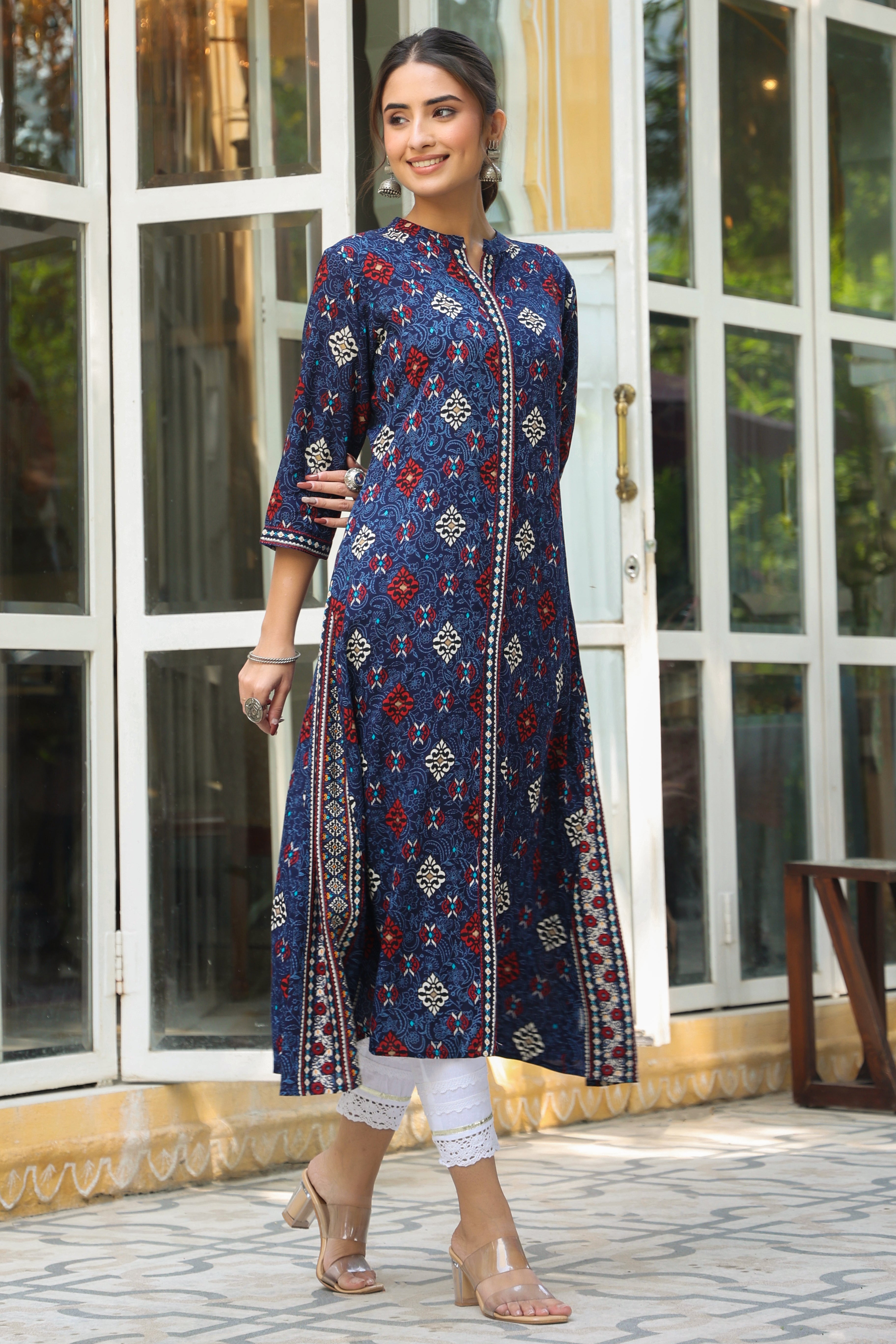 Indigo Ethnic Motif Printed Rayon A-Line Kurta With Buttons | DesiQlo