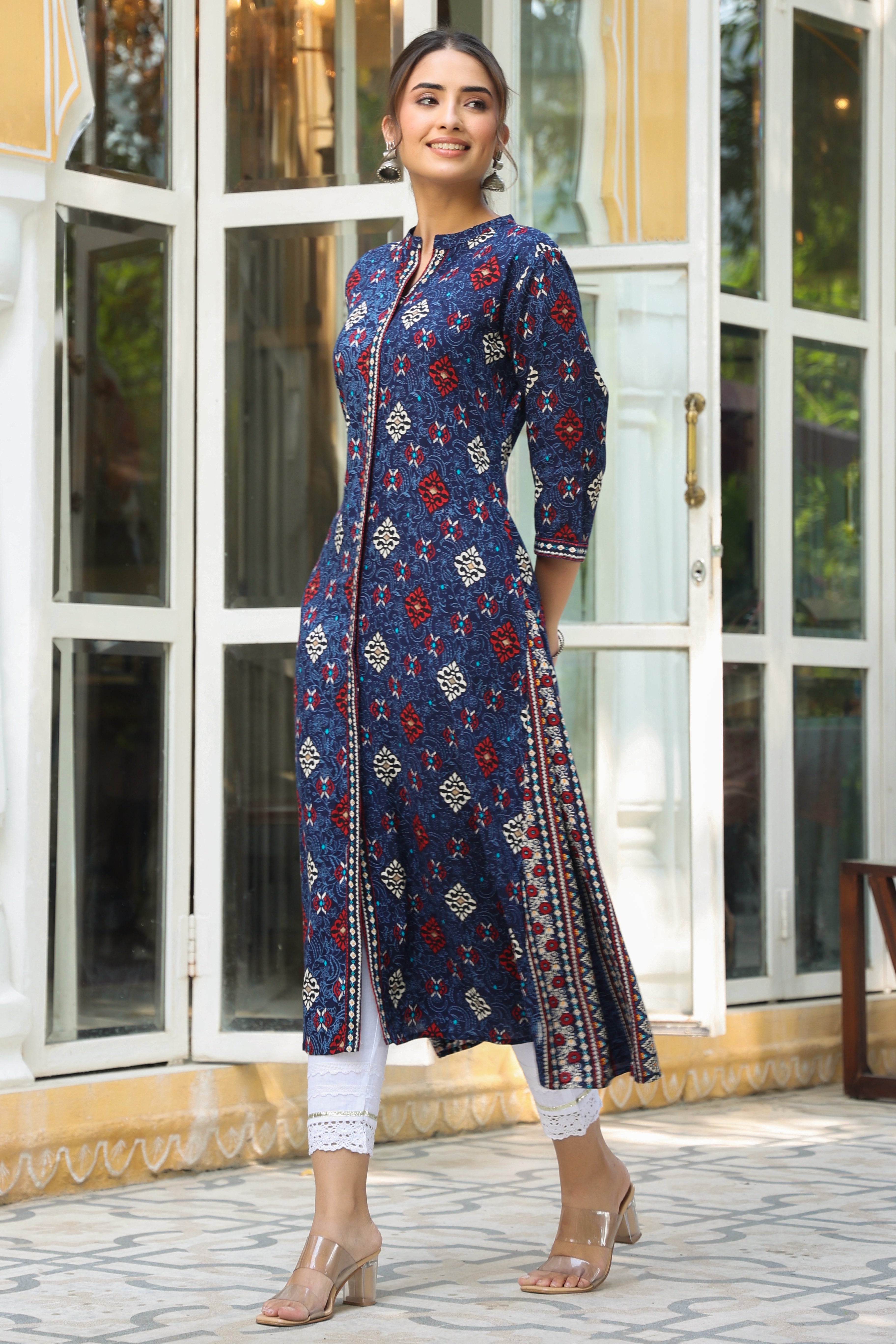 Indigo Ethnic Motif Printed Rayon A-Line Kurta With Buttons | DesiQlo