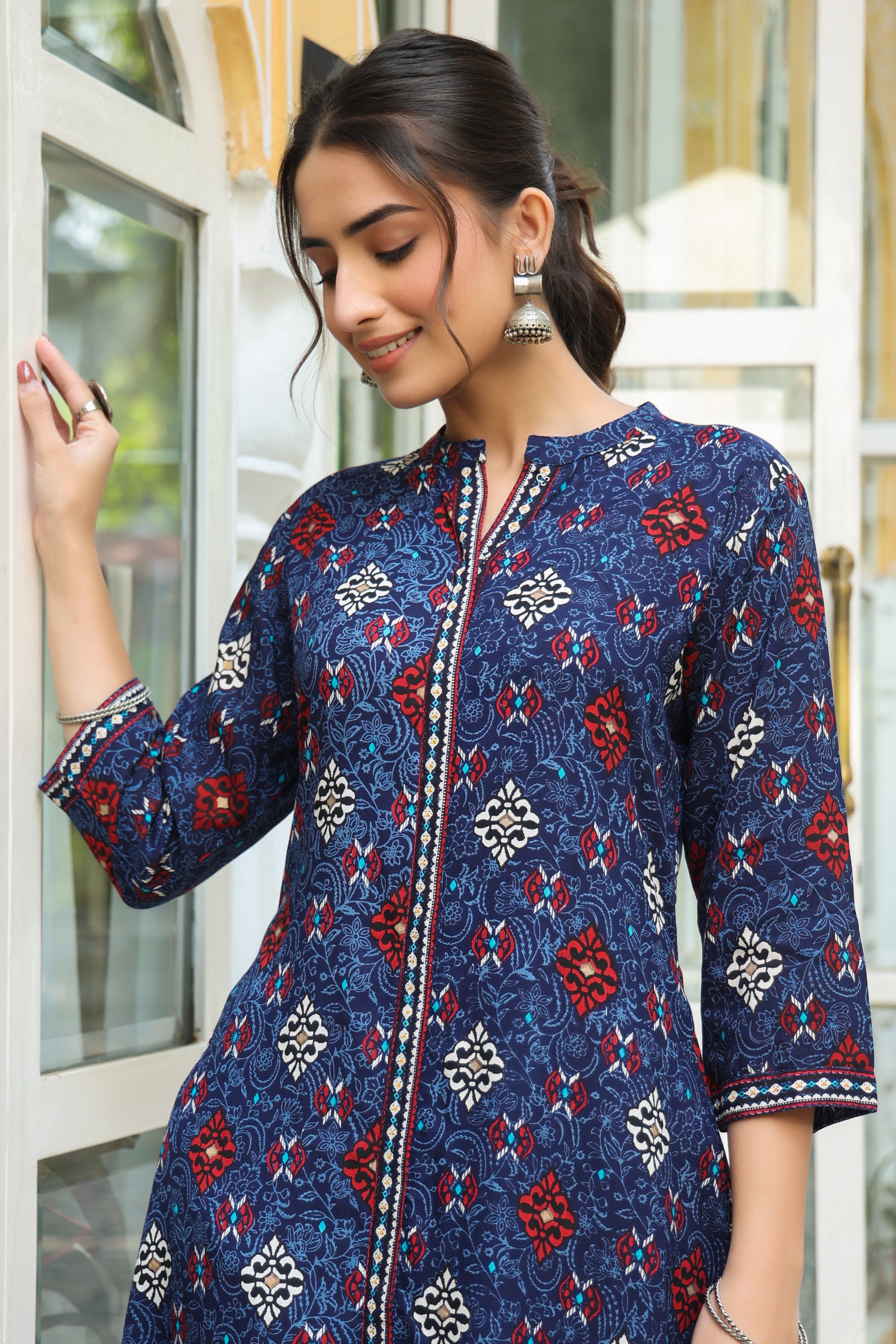 Indigo Ethnic Motif Printed Rayon A-Line Kurta With Buttons | DesiQlo