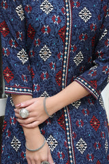 Juniper Indigo Ethnic Motif Printed Rayon A-Line Kurta With Buttons - Juniper Fashion