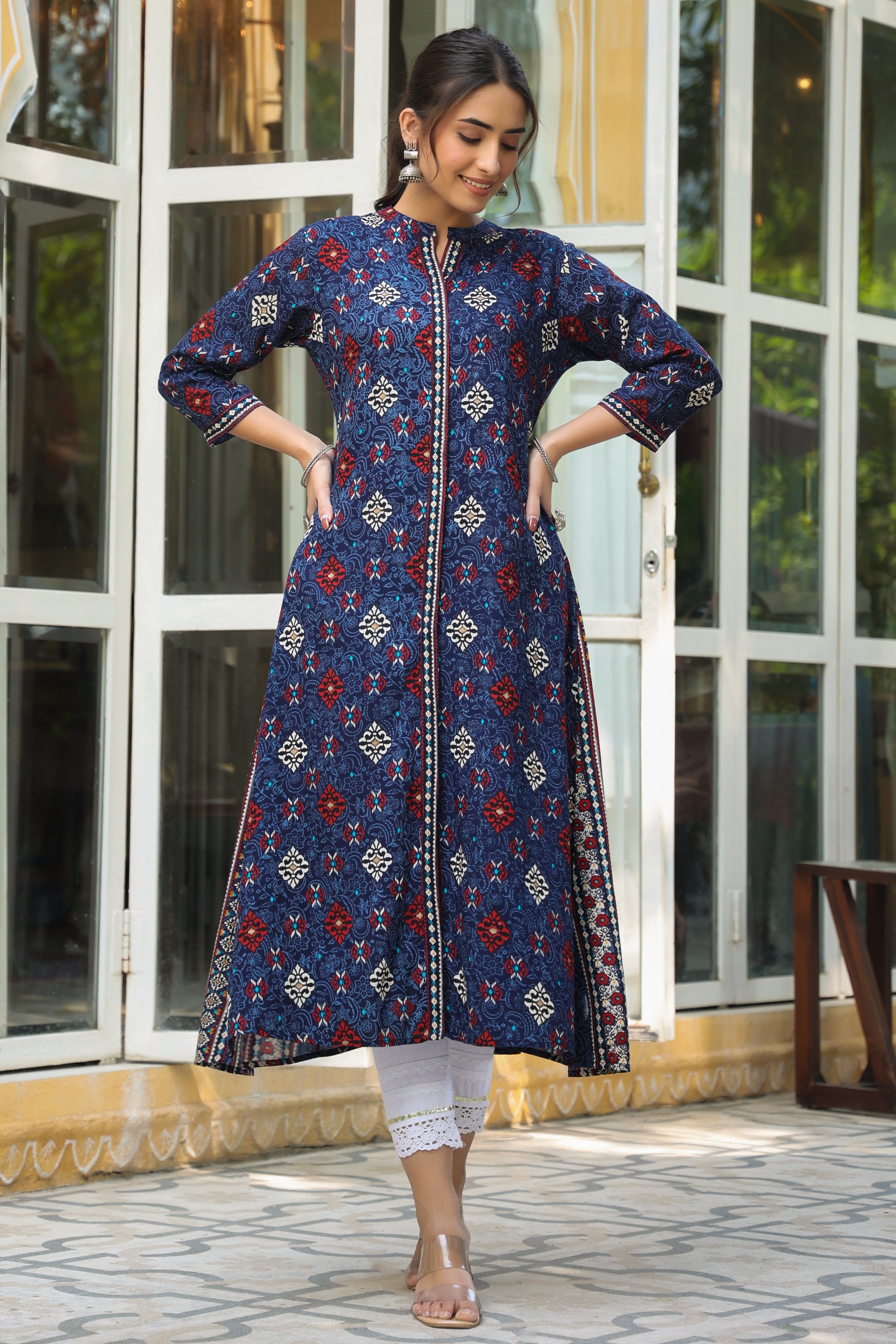 Indigo Ethnic Motif Printed Rayon A-Line Kurta With Buttons | DesiQlo