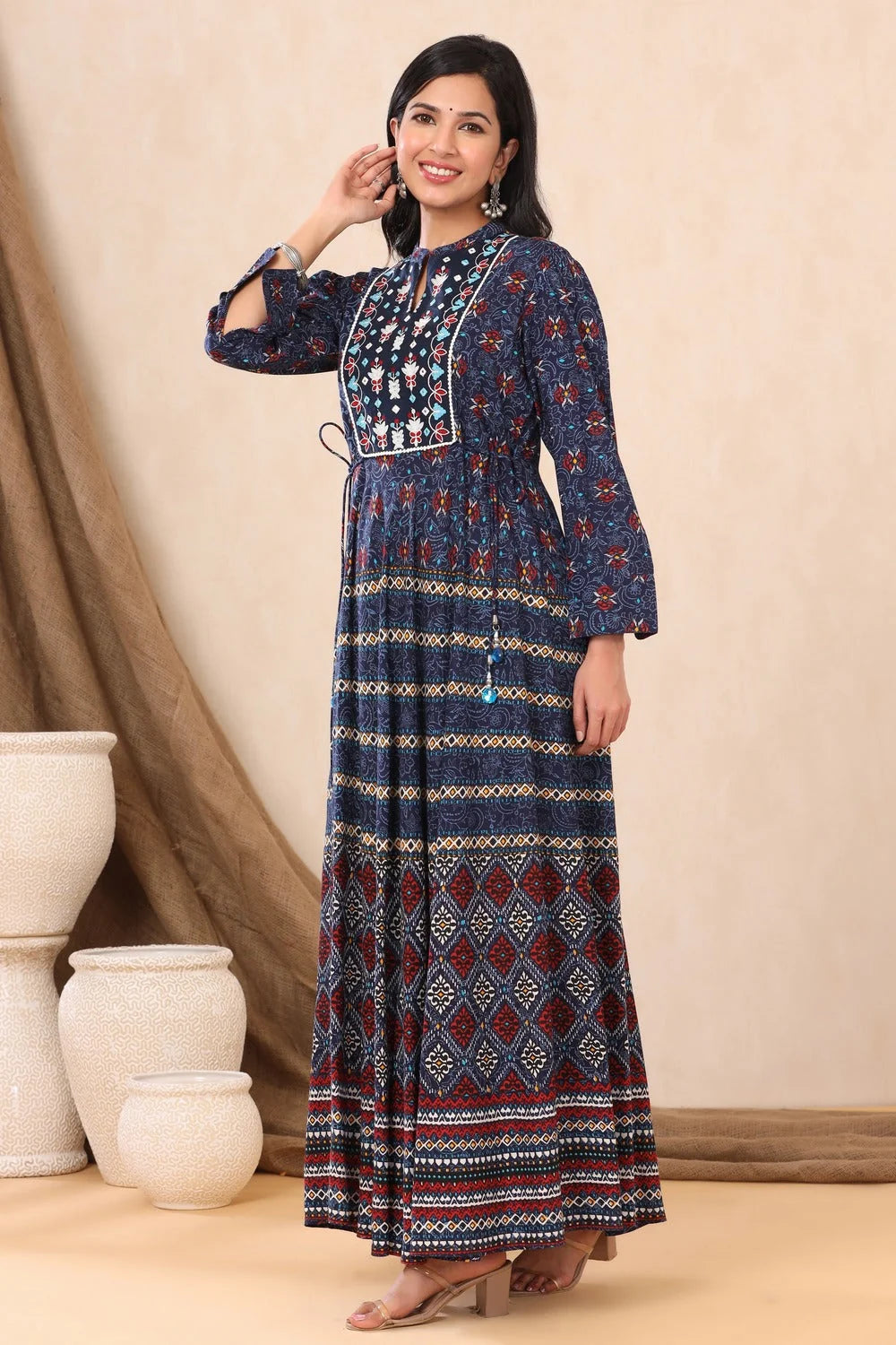 Indigo Embroidered Indian Dresses - Printed Rayon Maxi Dress