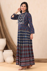 Indigo Ethnic Motif Printed & Embroidered Rayon Maxi Dress-2909INDIGO