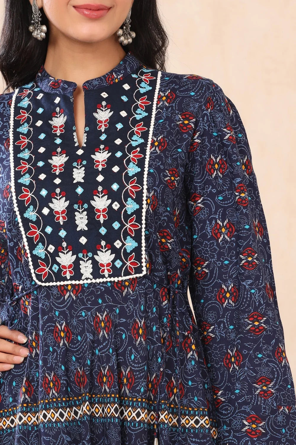 Indigo Embroidered Indian Dresses - Printed Rayon Maxi Dress