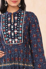 Indigo Ethnic Motif Printed & Embroidered Rayon Maxi Dress-2909INDIGO