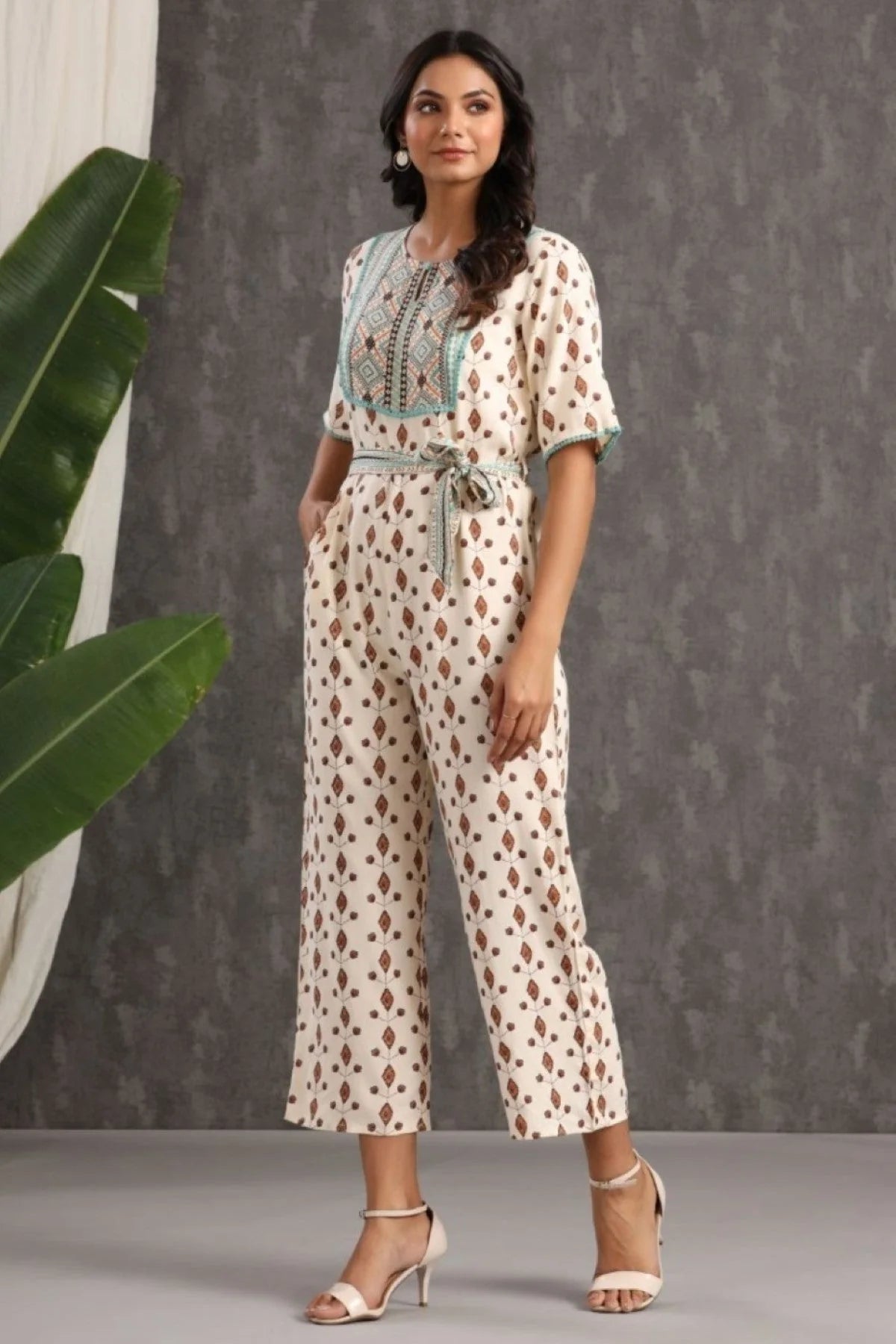 Ivory Printed Rayon Jumpsuit - Women's Jumpsuit Sets Online