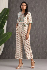 Ivory Ethnic Motif Printed Rayon Jumpsuit With Zip-2910IVORY